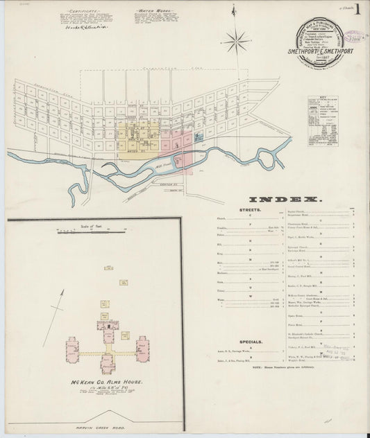 Sanborn Fire Insurance Map from Smethport, McKean County, Pennsylvania (1887), Sheet #0001 - Historic Sanborn Fire Insurance Map Print, vintage old map wall art, antique decor, genealogy gift, Pennsylvania Pennsylvania map