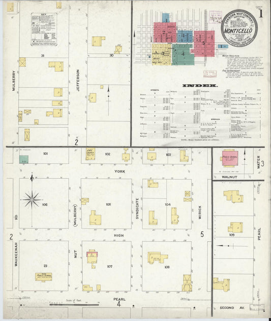 Sanborn Fire Insurance Map from Monticello, Jefferson County, Florida (1909), Sheet #0001 - Historic Sanborn Fire Insurance Map Print, vintage old map wall art, antique decor, genealogy gift, Florida Florida map
