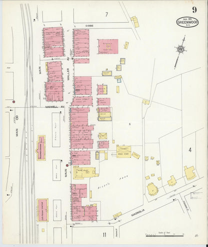 Sanborn Fire Insurance Map from Greenwood, Greenwood County, South Carolina (1913), Sheet #0009 - Complete Map Set gallery image, historic Sanborn map, vintage wall art, South Carolina South Carolina