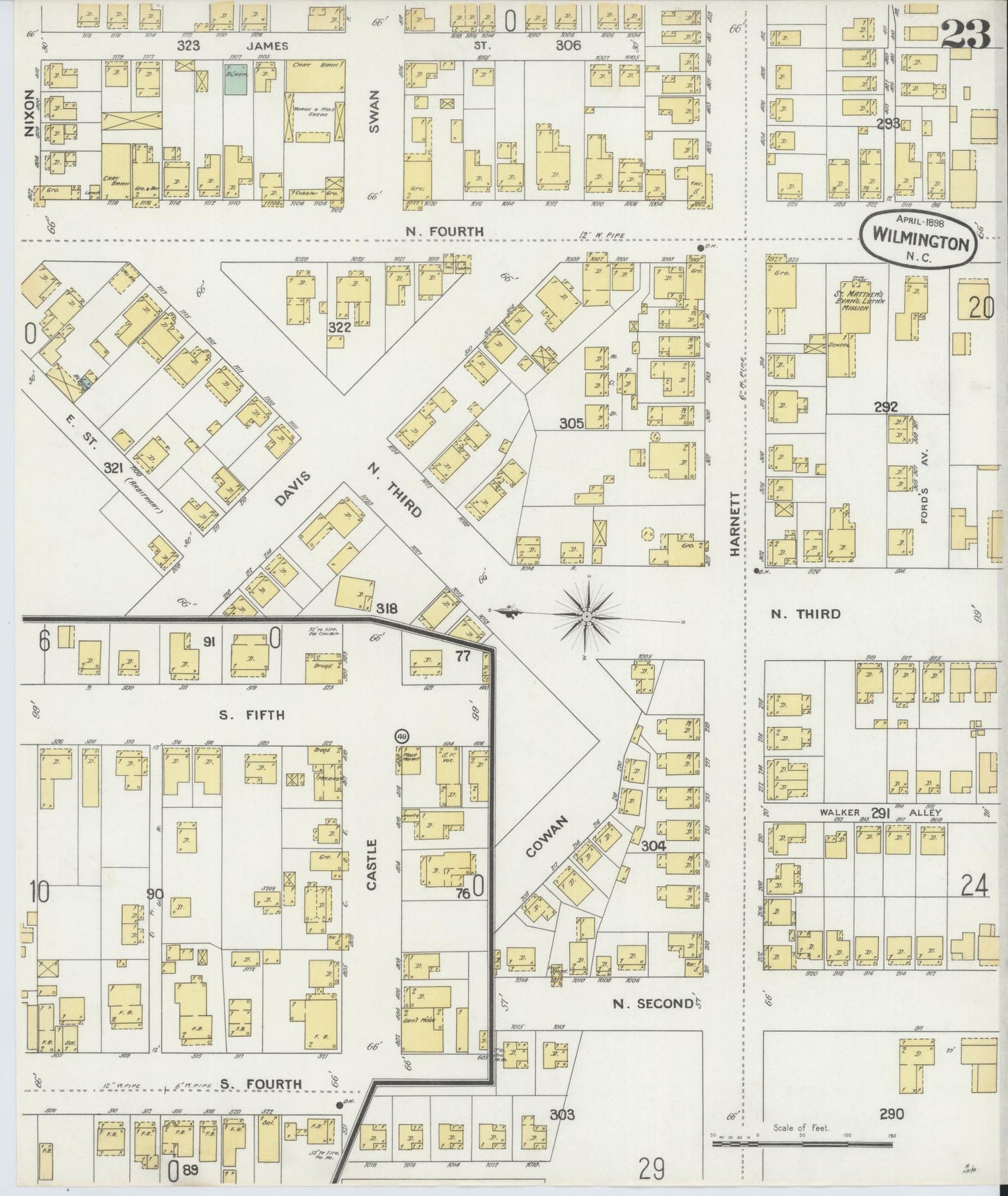 Sanborn Fire Insurance Map from Wilmington, New Hanover County, North Carolina (1898), Sheet #0023 - Complete Map Set gallery image, historic Sanborn map, vintage wall art, North Carolina North Carolina
