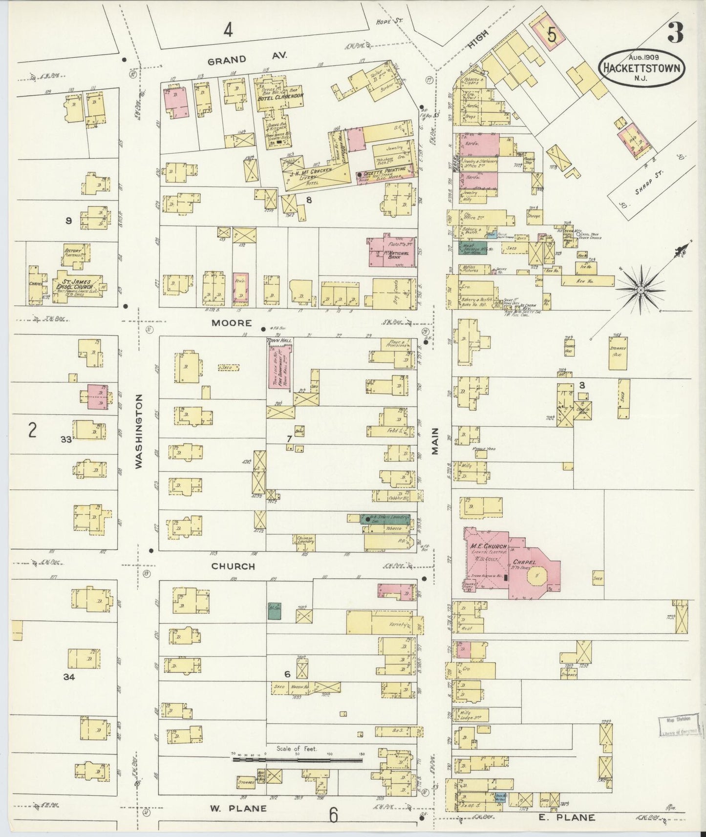 Sanborn Fire Insurance Map from Hackettstown, Warren County, New Jersey (1909), Sheet #0003 - Historic Sanborn Fire Insurance Map Print, vintage old map wall art, antique decor, genealogy gift, New Jersey New Jersey map