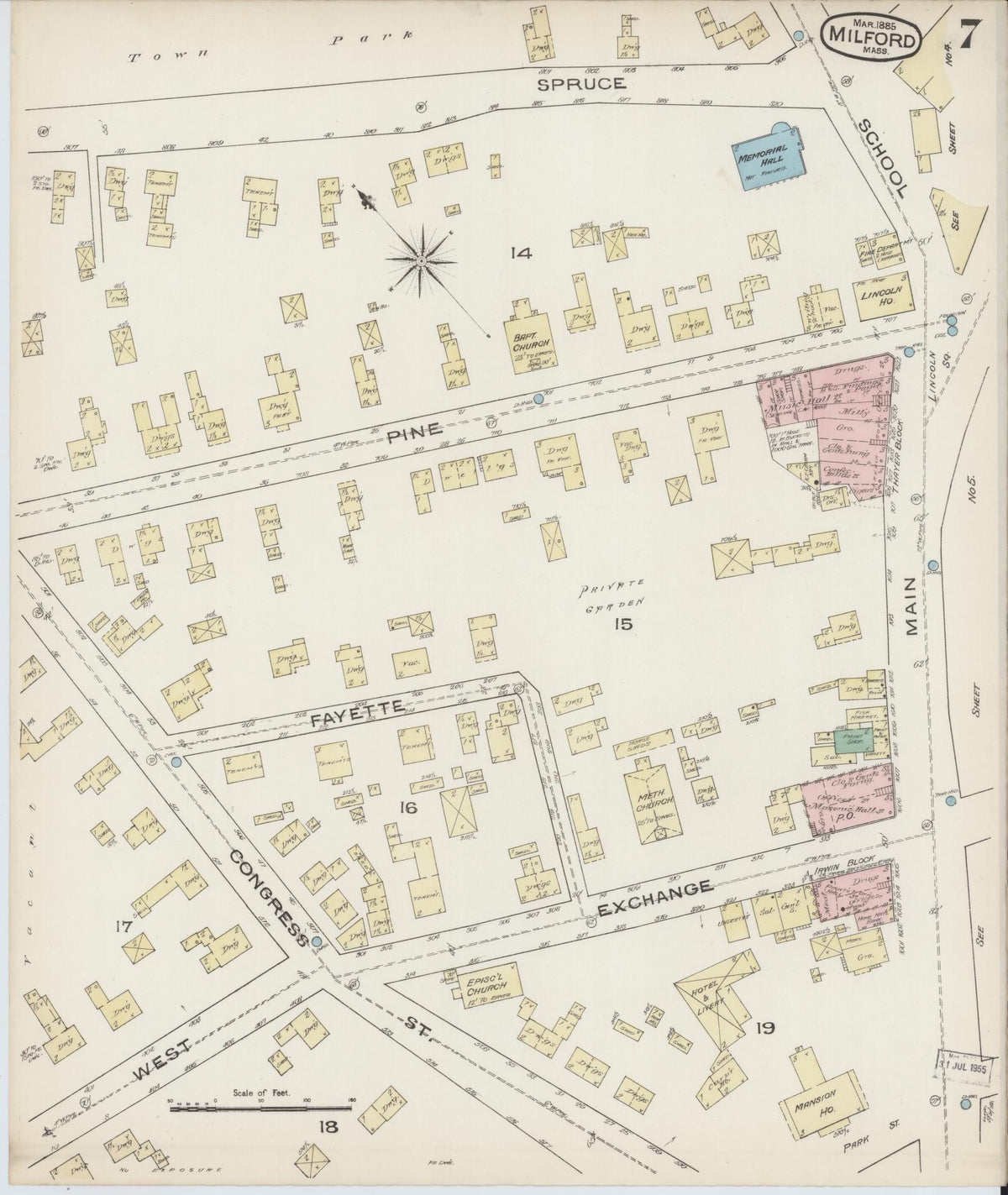 Sanborn Fire Insurance Map from Milford, Worcester County, Massachusetts (1885), Sheet #0007 - Historic Sanborn Fire Insurance Map Print, vintage old map wall art, antique decor, genealogy gift, Massachusetts Massachusetts map