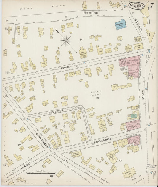 Sanborn Fire Insurance Map from Milford, Worcester County, Massachusetts (1885), Sheet #0007 - Historic Sanborn Fire Insurance Map Print, vintage old map wall art, antique decor, genealogy gift, Massachusetts Massachusetts map