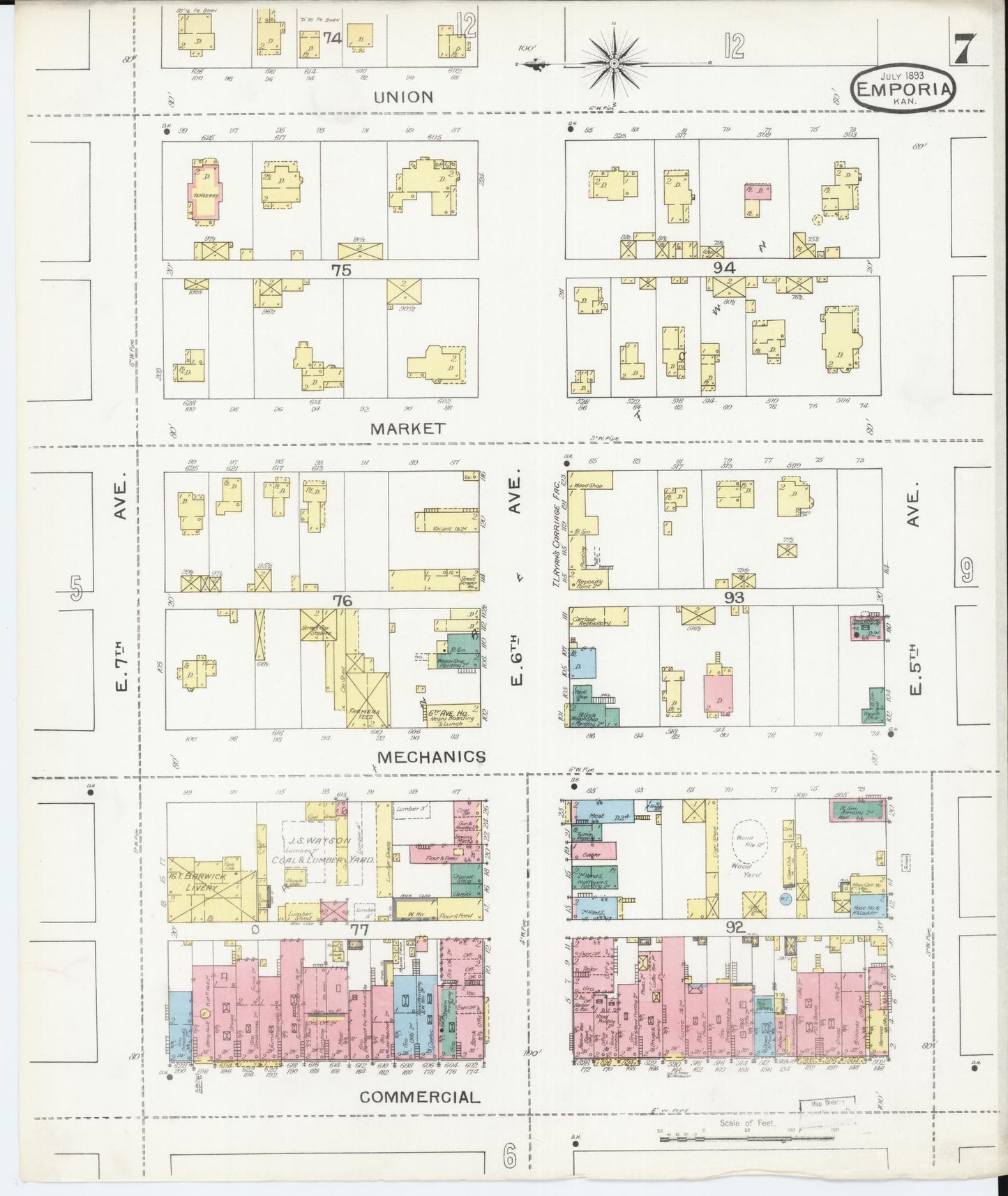 Sanborn Fire Insurance Map from Emporia, Lyon County, Kansas (1893), Sheet #0007 - Complete Map Set gallery image, historic Sanborn map, vintage wall art, Kansas Kansas