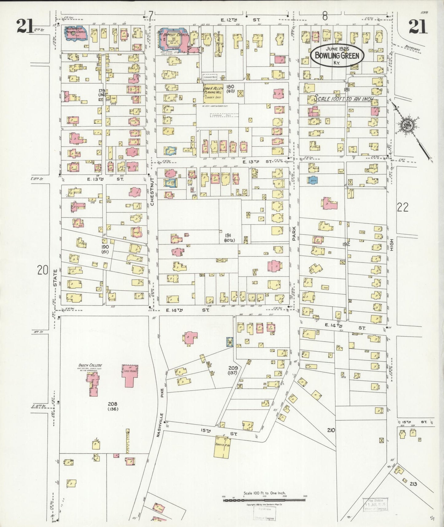 Sanborn Fire Insurance Map from Bowling Green, Warren County, Kentucky (1925), Sheet #0021 - Historic Sanborn Fire Insurance Map Print, vintage old map wall art, antique decor, genealogy gift, Kentucky Kentucky map