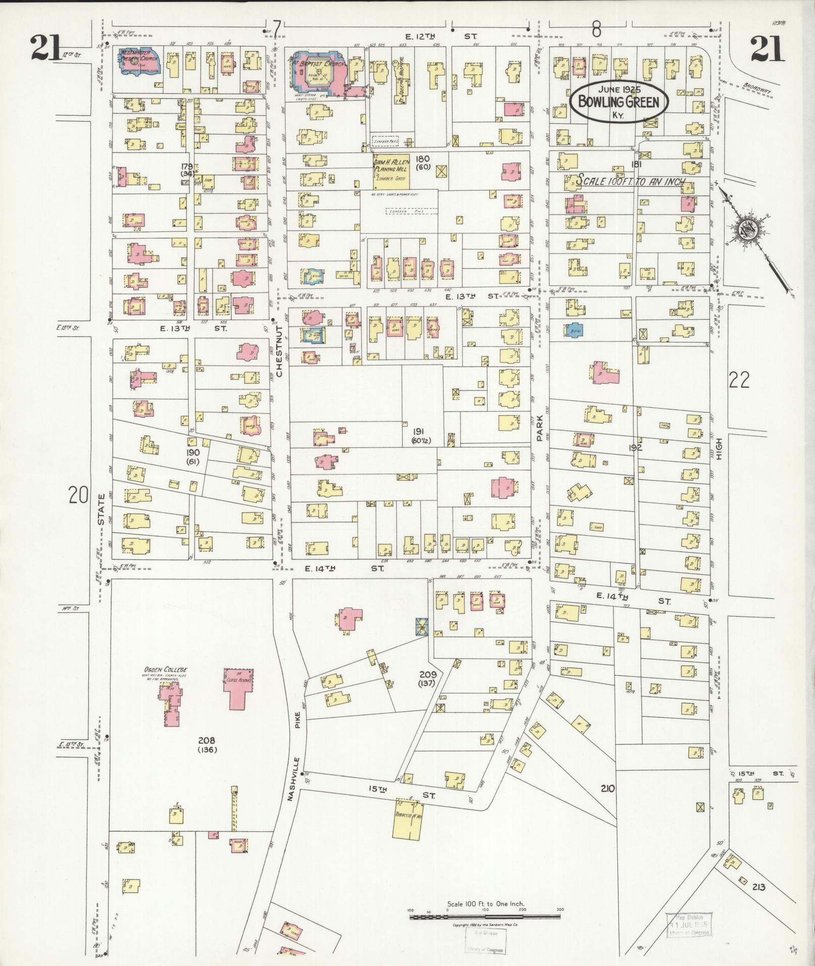 Sanborn Fire Insurance Map from Bowling Green, Warren County, Kentucky (1925), Sheet #0021 - Historic Sanborn Fire Insurance Map Print, vintage old map wall art, antique decor, genealogy gift, Kentucky Kentucky map