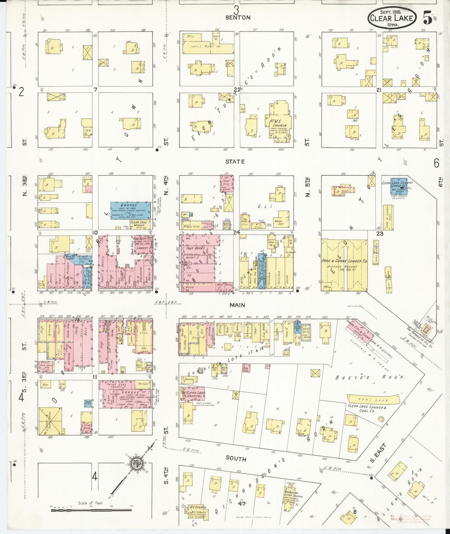 Sanborn Fire Insurance Map from Clear Lake, Cerro Gordo County, Iowa (1916), Sheet #0005 - Historic Sanborn Fire Insurance Map Print, vintage old map wall art