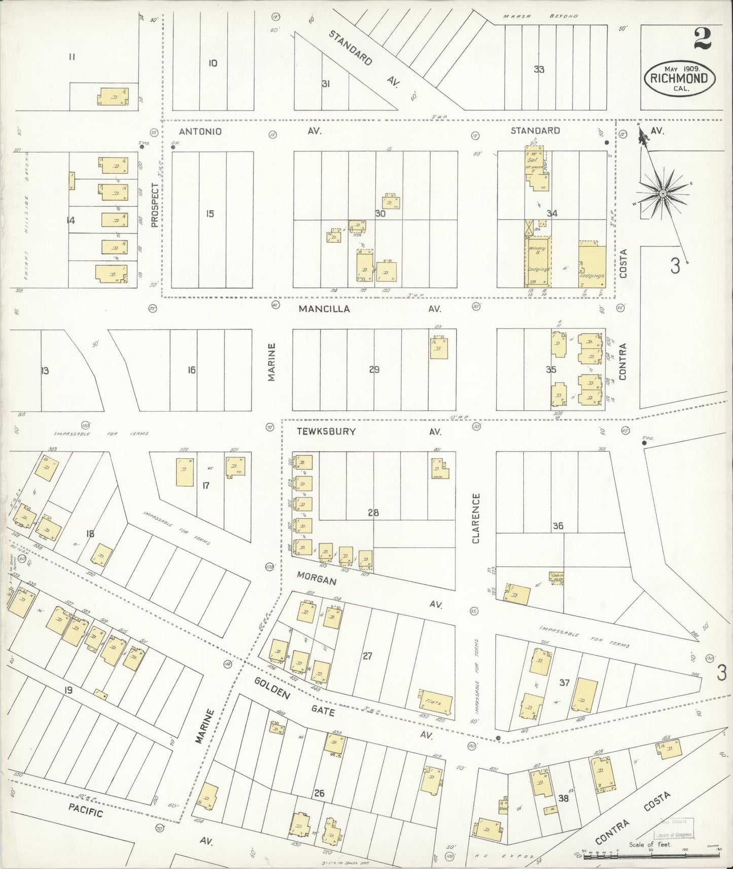 Sanborn Fire Insurance Map from Richmond, Contra Costa County, California (1909), Sheet #0002 - Complete Map Set gallery image, historic Sanborn map, vintage wall art, California California
