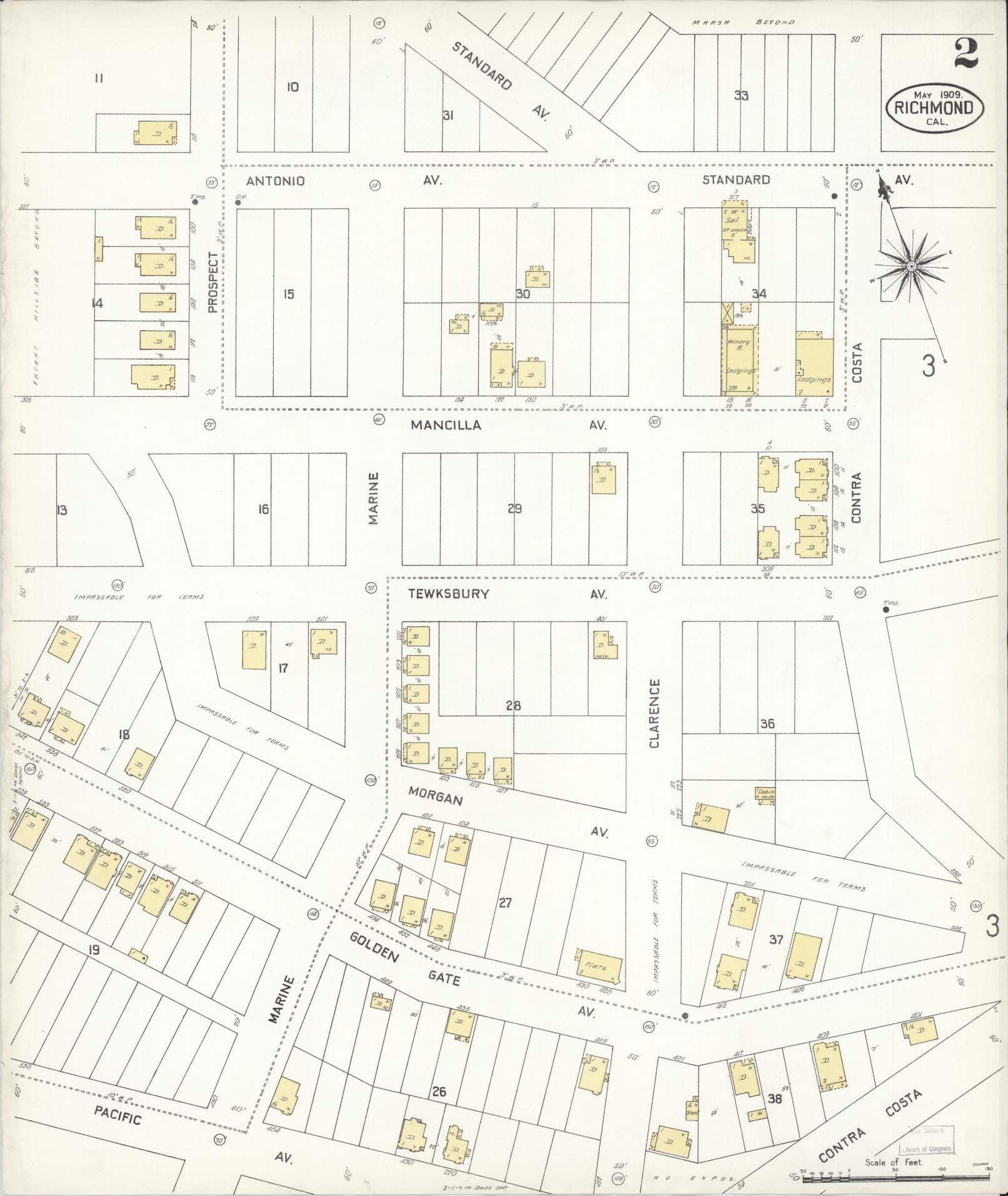 Sanborn Fire Insurance Map from Richmond, Contra Costa County, California (1909), Sheet #0002 - Complete Map Set gallery image, historic Sanborn map, vintage wall art, California California