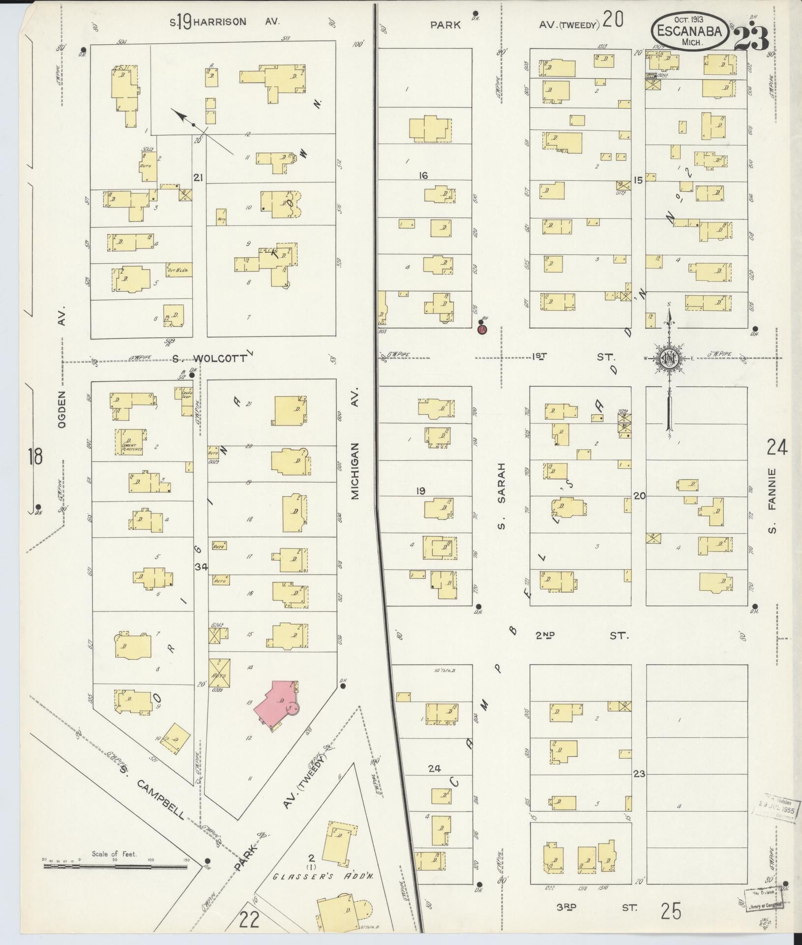 Sanborn Fire Insurance Map from Escanaba, Delta County, Michigan (1913), Sheet #0023 - Historic Sanborn Fire Insurance Map Print, vintage old map wall art, antique decor, genealogy gift, Michigan Michigan map