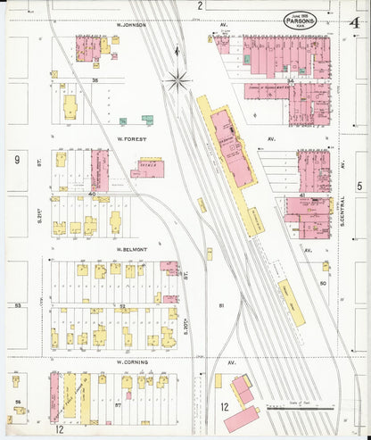 Sanborn Fire Insurance Map from Parsons, Labette County, Kansas (1905), Sheet #0004 - Complete Map Set gallery image, historic Sanborn map, vintage wall art, Kansas Kansas