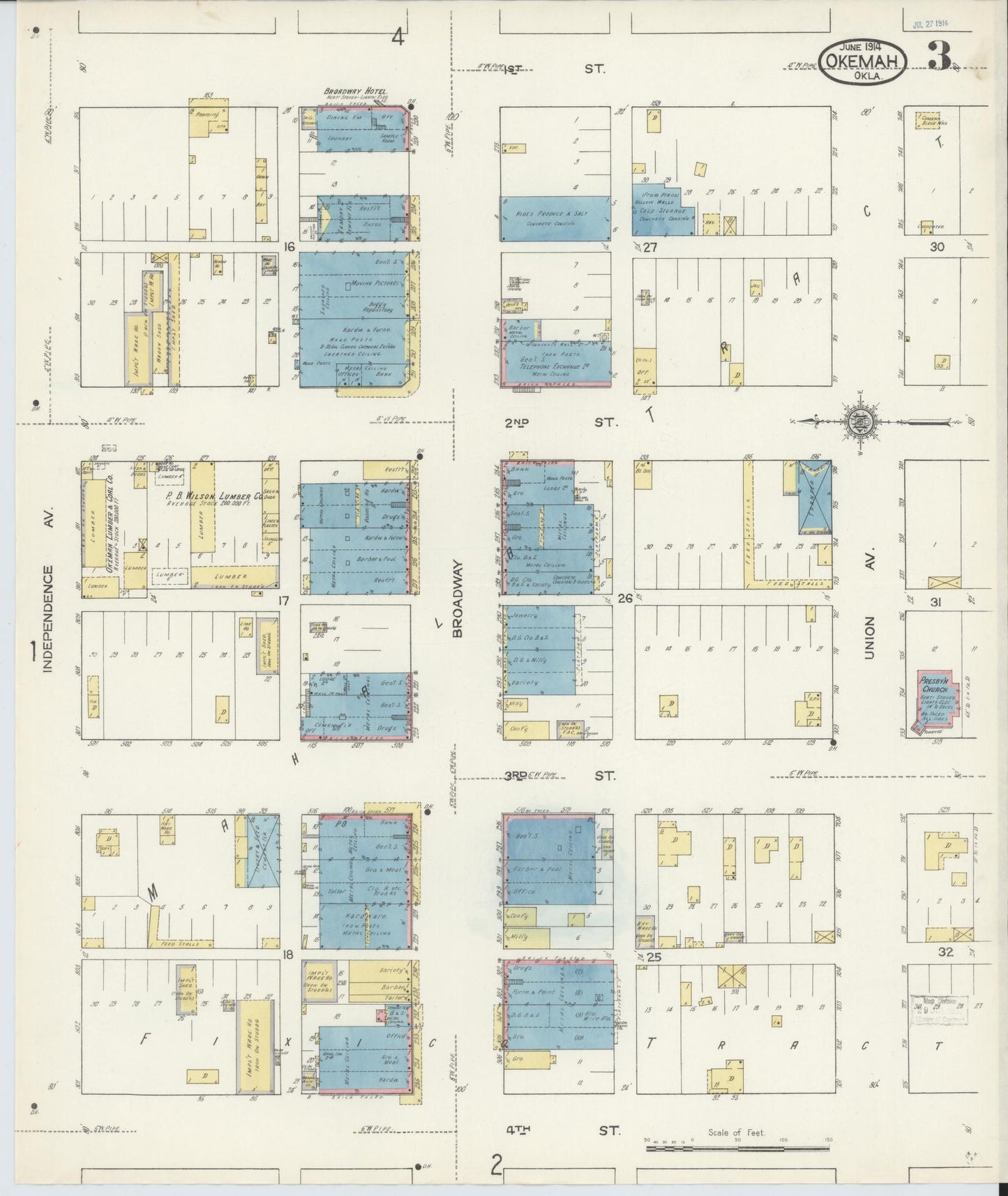 Sanborn Fire Insurance Map from Okemah, Okfuskee County, Oklahoma (1914), Sheet #0003 - Complete Map Set gallery image, historic Sanborn map, vintage wall art, Oklahoma Oklahoma