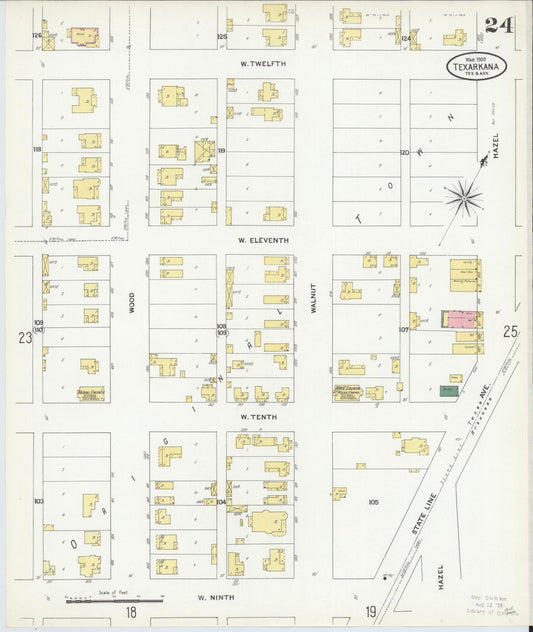 Sanborn Fire Insurance Map from Texarkana, Bowie County, Texas (1909), Sheet #0024 - Historic Sanborn Fire Insurance Map Print, vintage old map wall art, antique decor, genealogy gift, Texas Texas map