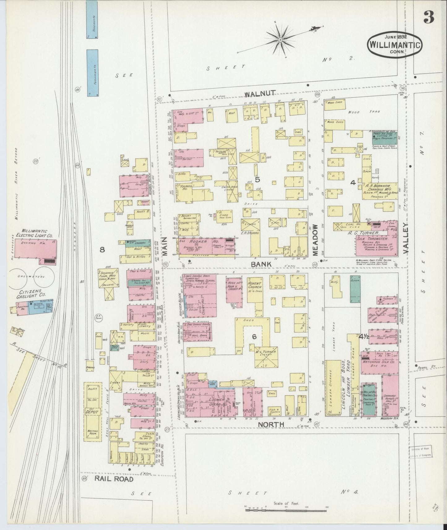 Sanborn Fire Insurance Map from Willimantic, Windham County, Connecticut (1892), Sheet #0003 - Historic Sanborn Fire Insurance Map Print, vintage old map wall art, antique decor, genealogy gift, Connecticut Connecticut map
