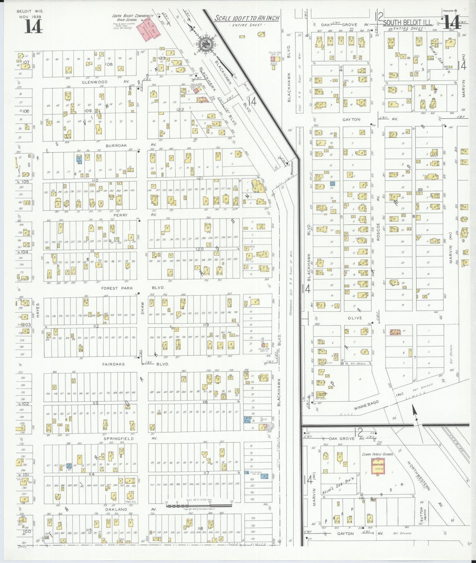 Sanborn Fire Insurance Map from Beloit, Rock County, Wisconsin (1939), Sheet #0014 - Complete Map Set gallery image, historic Sanborn map, vintage wall art, Wisconsin Wisconsin