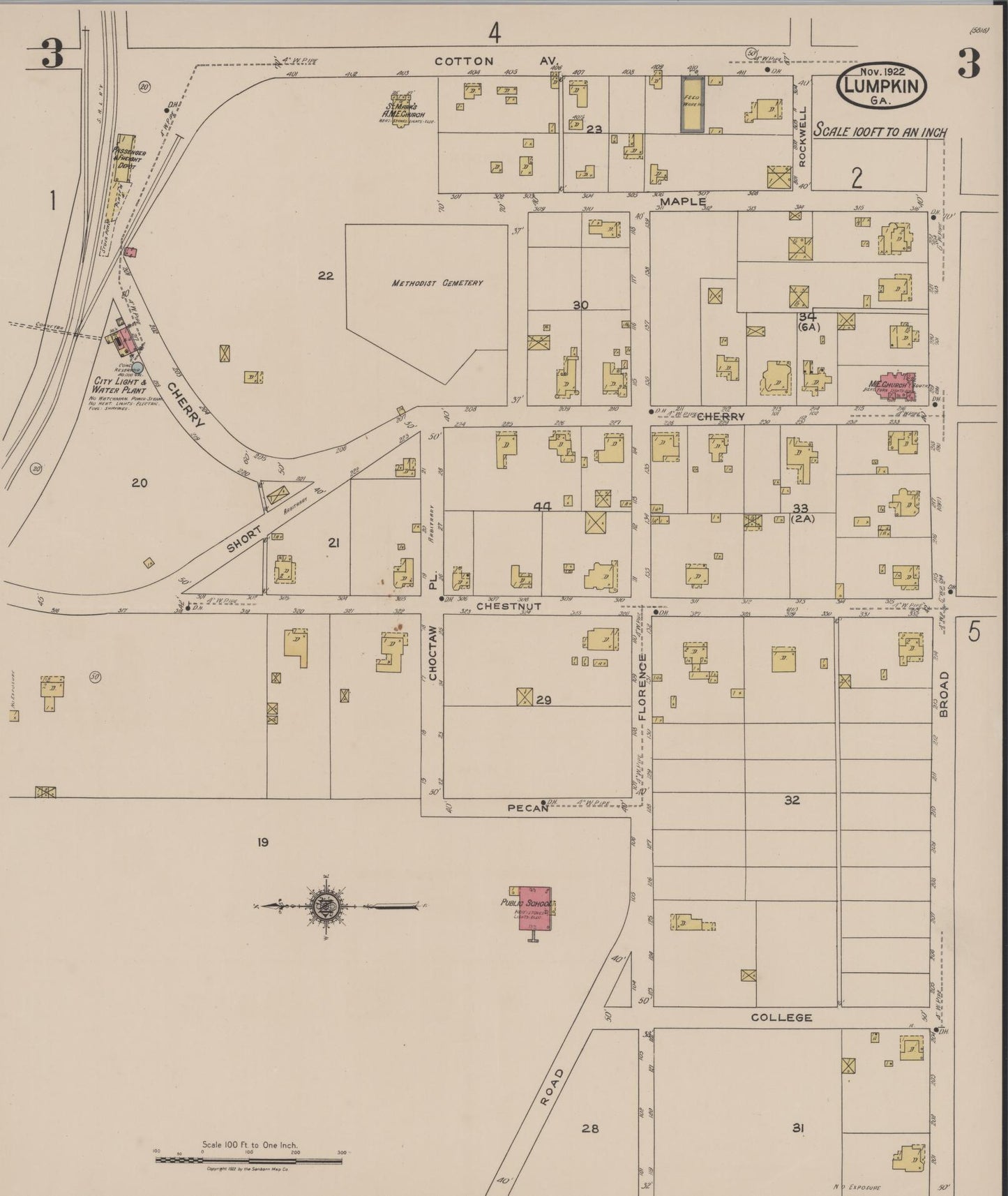 Sanborn Fire Insurance Map from Lumpkin, Stewart County, Georgia (1922), Sheet #0003 - Complete Map Set gallery image, historic Sanborn map, vintage wall art, Georgia Georgia