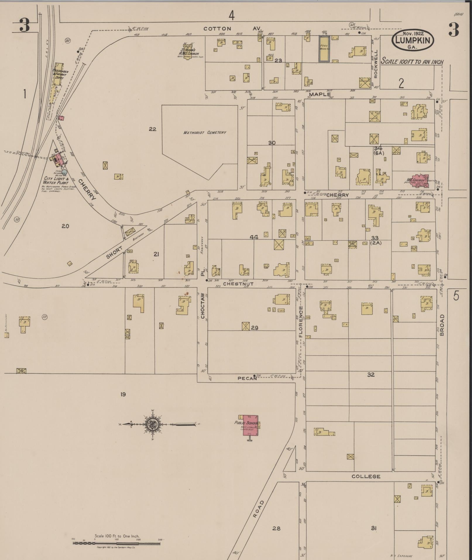 Sanborn Fire Insurance Map from Lumpkin, Stewart County, Georgia (1922), Sheet #0003 - Complete Map Set gallery image, historic Sanborn map, vintage wall art, Georgia Georgia