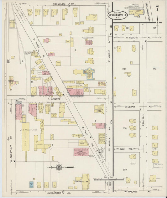 Sanborn Fire Insurance Map from Merchantville, Camden County, New Jersey (1915), Sheet #0007 - Historic Sanborn Fire Insurance Map Print, vintage old map wall art, antique decor, genealogy gift, New Jersey New Jersey map