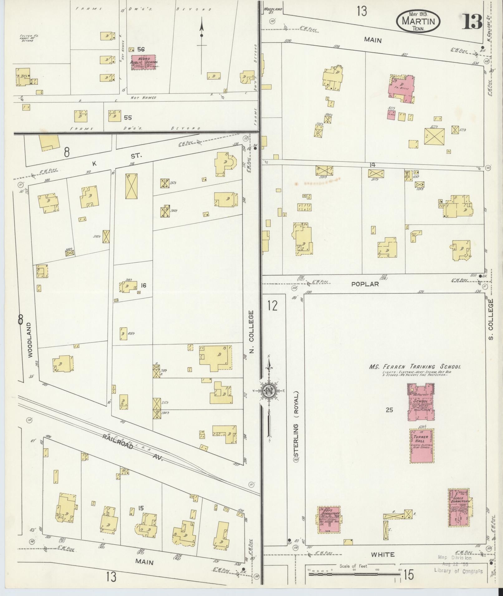 Sanborn Fire Insurance Map from Martin, Weakley County, Tennessee (1913), Sheet #0013 - Historic Sanborn Fire Insurance Map Print, vintage old map wall art, antique decor, genealogy gift, Tennessee Tennessee map