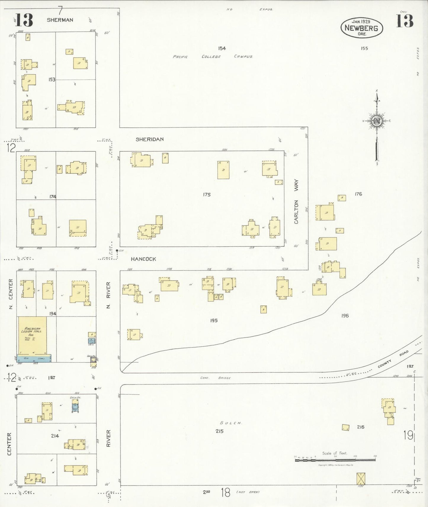 Sanborn Fire Insurance Map from Newberg, Yamhill County, Oregon (1929), Sheet #0013 - Complete Map Set gallery image, historic Sanborn map, vintage wall art, Oregon Oregon