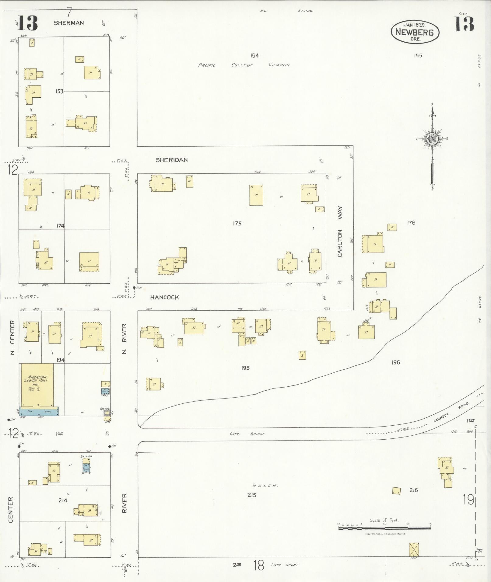 Sanborn Fire Insurance Map from Newberg, Yamhill County, Oregon (1929), Sheet #0013 - Complete Map Set gallery image, historic Sanborn map, vintage wall art, Oregon Oregon