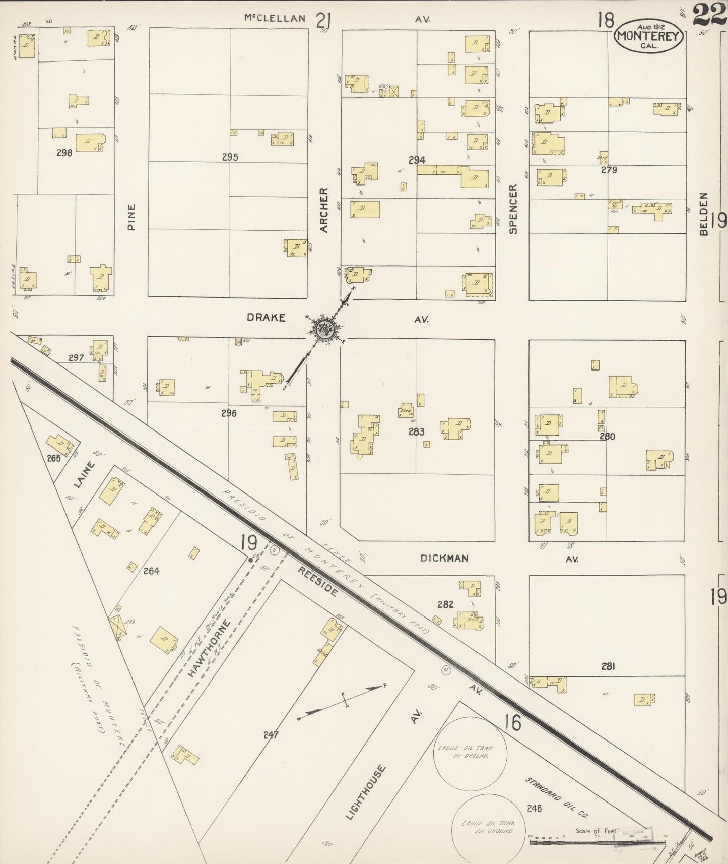 Sanborn Fire Insurance Map from Monterey, Monterey County, California (1912), Sheet #0022 - Historic Sanborn Fire Insurance Map Print, vintage old map wall art, antique decor, genealogy gift, California California map