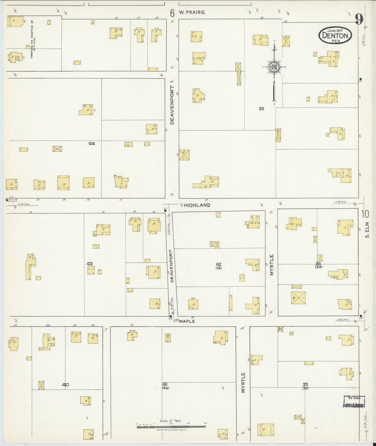 Sanborn Fire Insurance Map from Denton, Denton County, Texas (1917), Sheet #0009 - Complete Map Set gallery image, historic Sanborn map, vintage wall art, Texas Texas