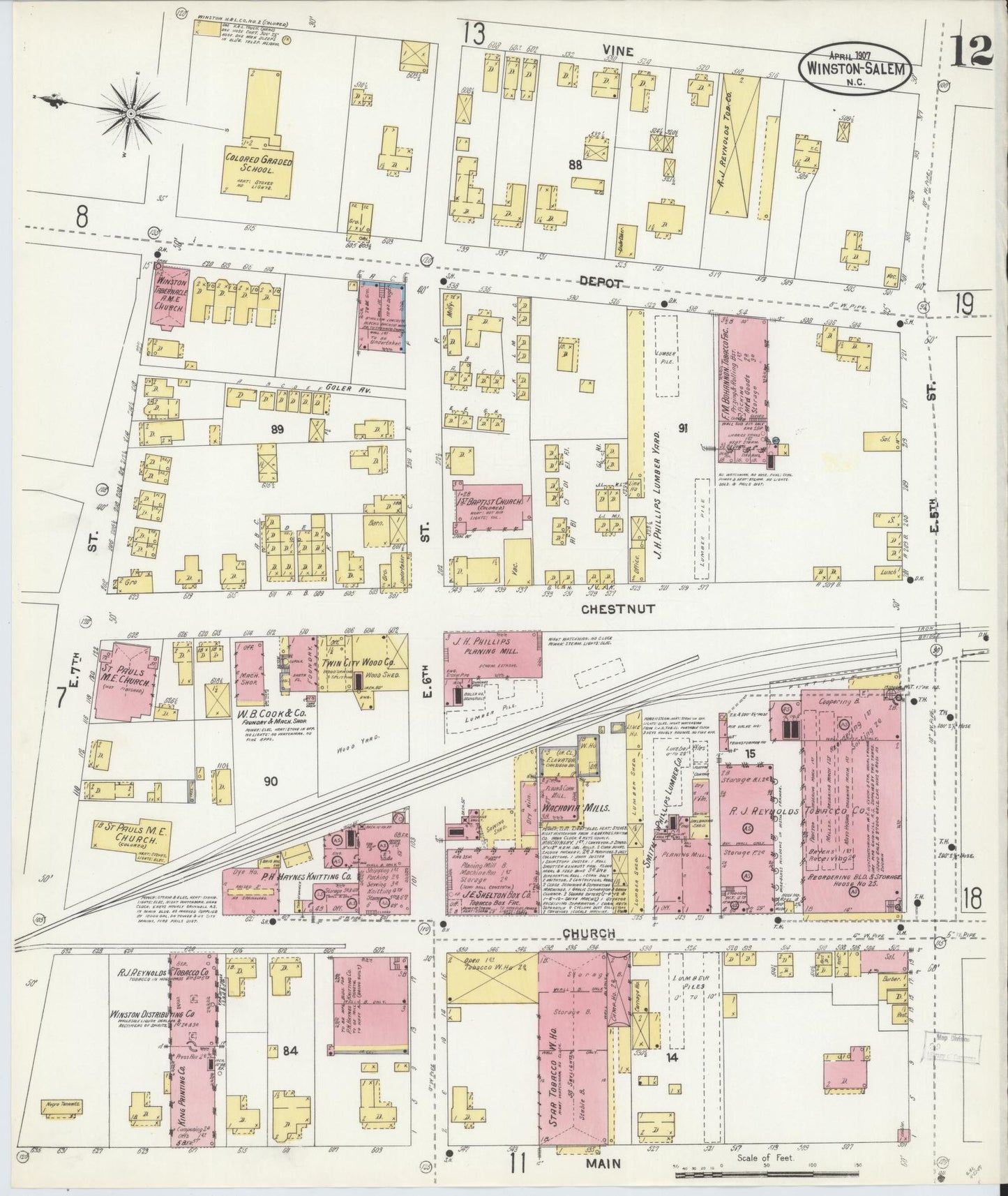 Sanborn Fire Insurance Map from Winston-Salem, Forsyth County, North Carolina (1907), Sheet #0012 - Complete Map Set gallery image, historic Sanborn map, vintage wall art, North Carolina North Carolina