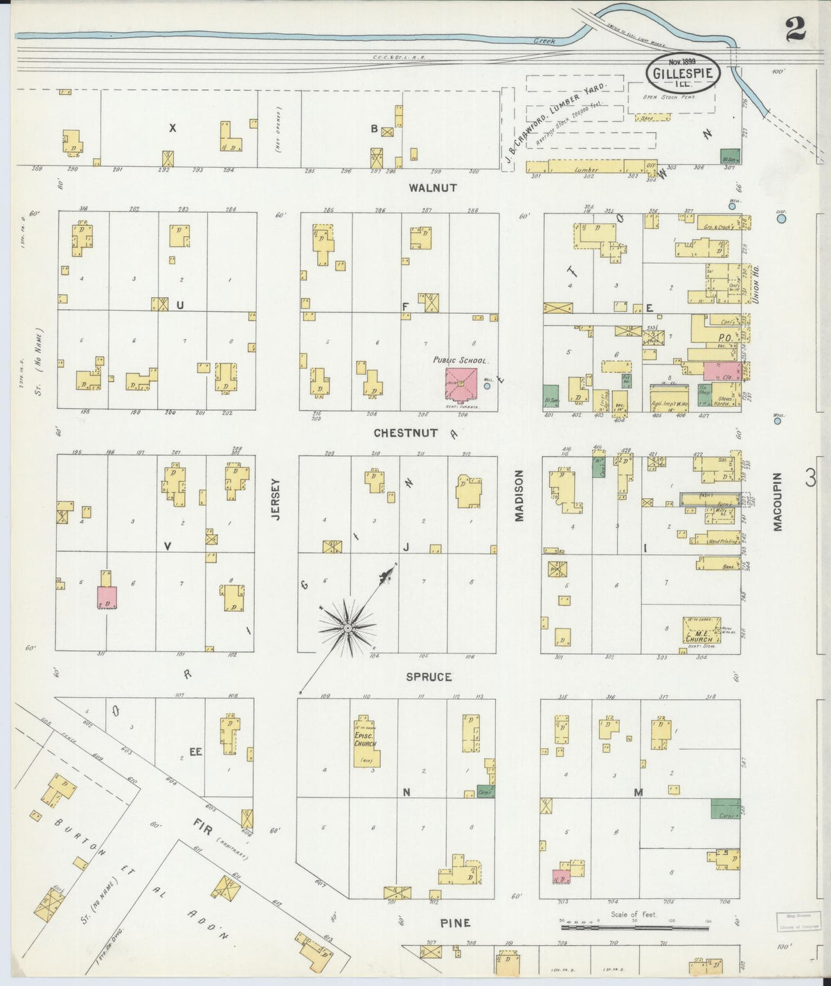 Sanborn Fire Insurance Map from Gillespie, Macoupin County, Illinois (1899), Sheet #0002 - Complete Map Set gallery image, historic Sanborn map, vintage wall art, Illinois Illinois