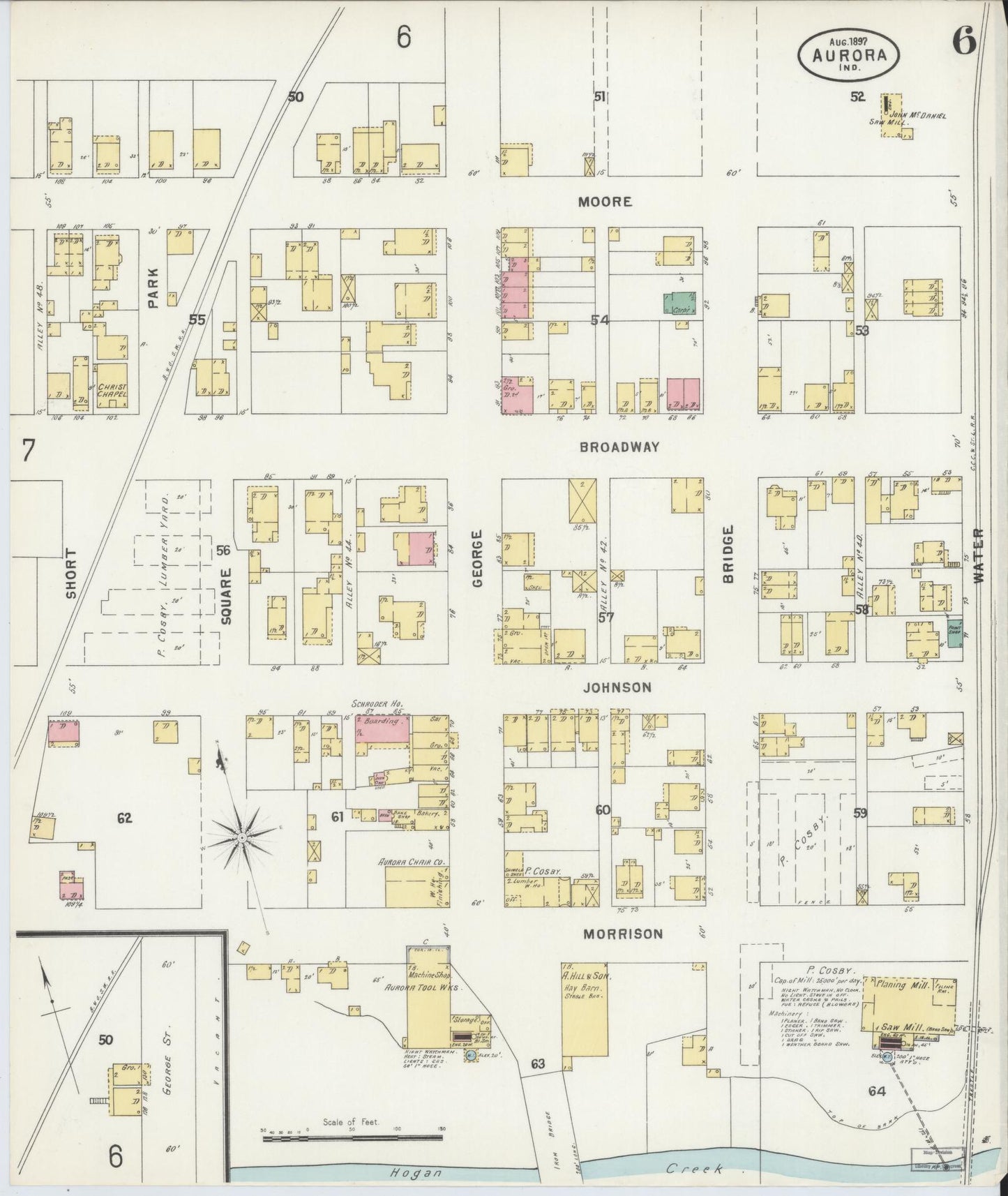 Sanborn Fire Insurance Map from Aurora, Dearborn County, Indiana (1897), Sheet #0006 - Complete Map Set gallery image, historic Sanborn map, vintage wall art, Indiana Indiana