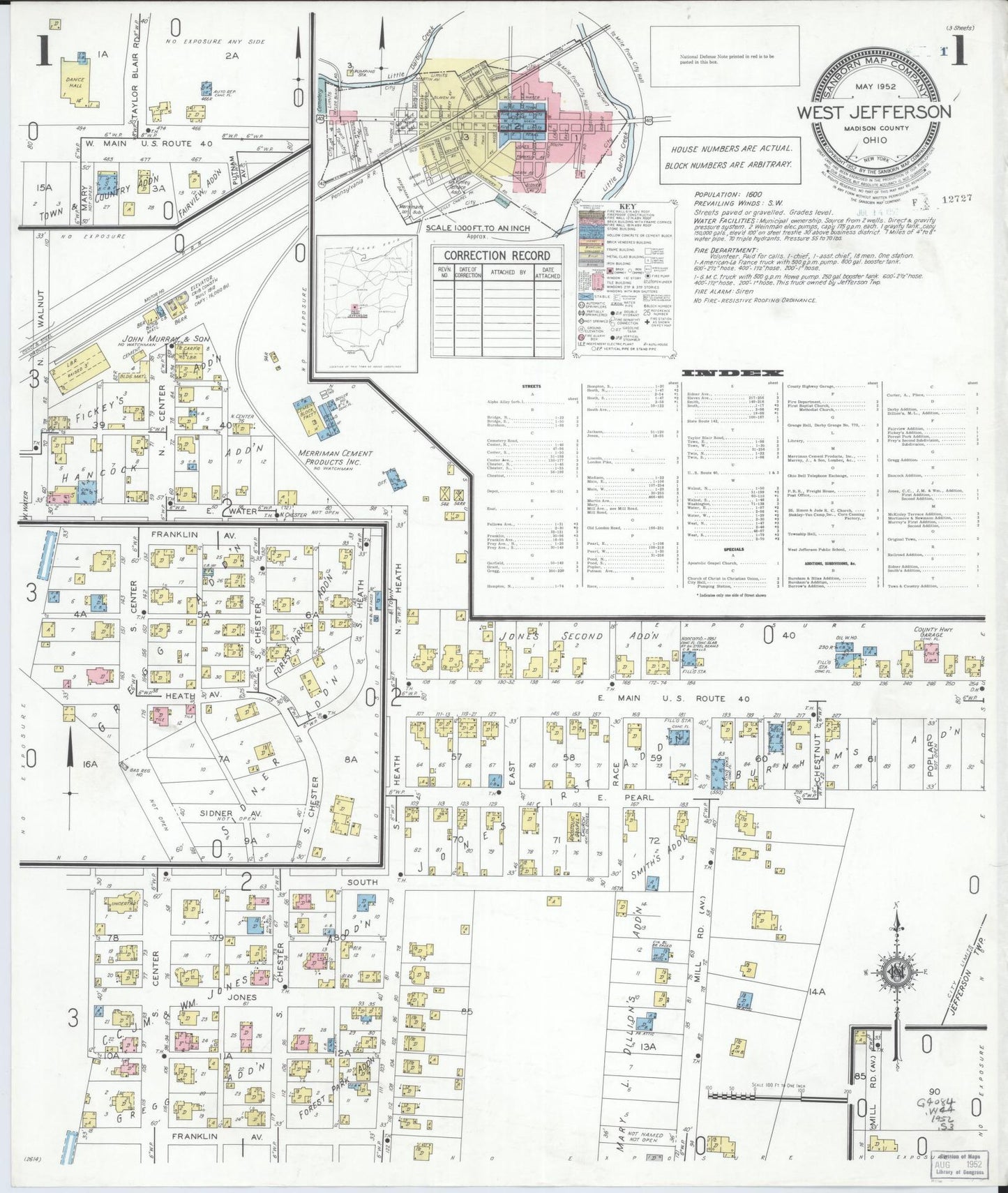 Sanborn Fire Insurance Map from West Jefferson, Madison County, Ohio (1952), Sheet #0001 - Complete Map Set gallery image, historic Sanborn map, vintage wall art, Ohio Ohio