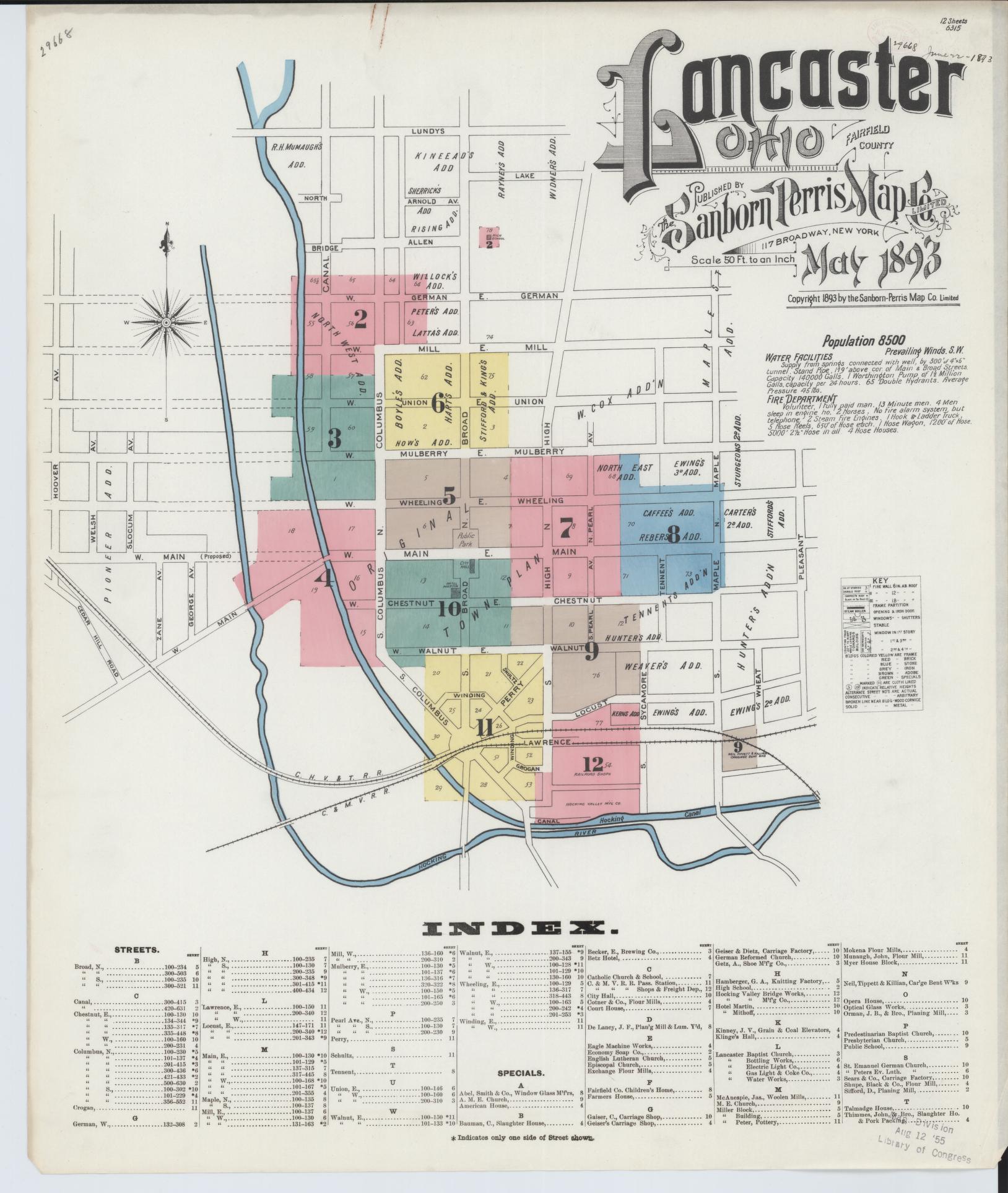 Sanborn Fire Insurance Map from Lancaster, Fairfield County, Ohio (1893), Sheet #0001 - Historic Sanborn Fire Insurance Map Print, vintage old map wall art, antique decor, genealogy gift, Ohio Ohio map
