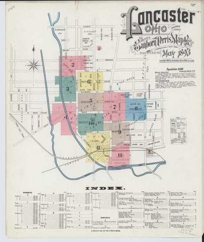 Sanborn Fire Insurance Map from Lancaster, Fairfield County, Ohio (1893), Sheet #0001 - Historic Sanborn Fire Insurance Map Print, vintage old map wall art, antique decor, genealogy gift, Ohio Ohio map
