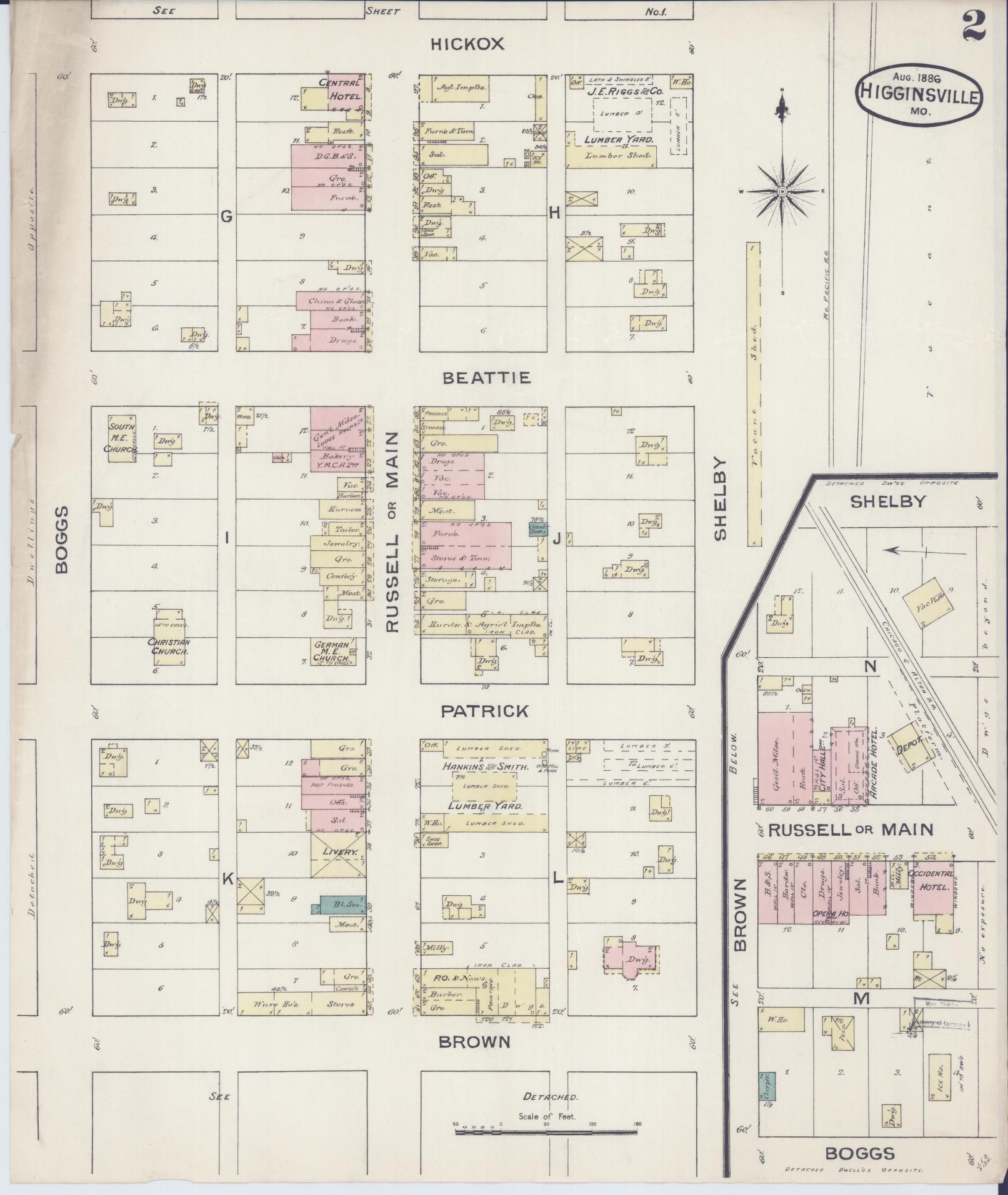 Sanborn Fire Insurance Map from Higginsville, Lafayette County, Missouri (1886), Sheet #0002 - Complete Map Set gallery image, historic Sanborn map, vintage wall art, Missouri Missouri