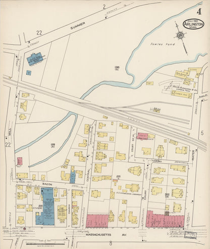 Sanborn Fire Insurance Map from Arlington, Middlesex County, Massachusetts (1922), Sheet #0004 - Historic Sanborn Fire Insurance Map Print, vintage old map wall art, antique decor, genealogy gift, Massachusetts Massachusetts map