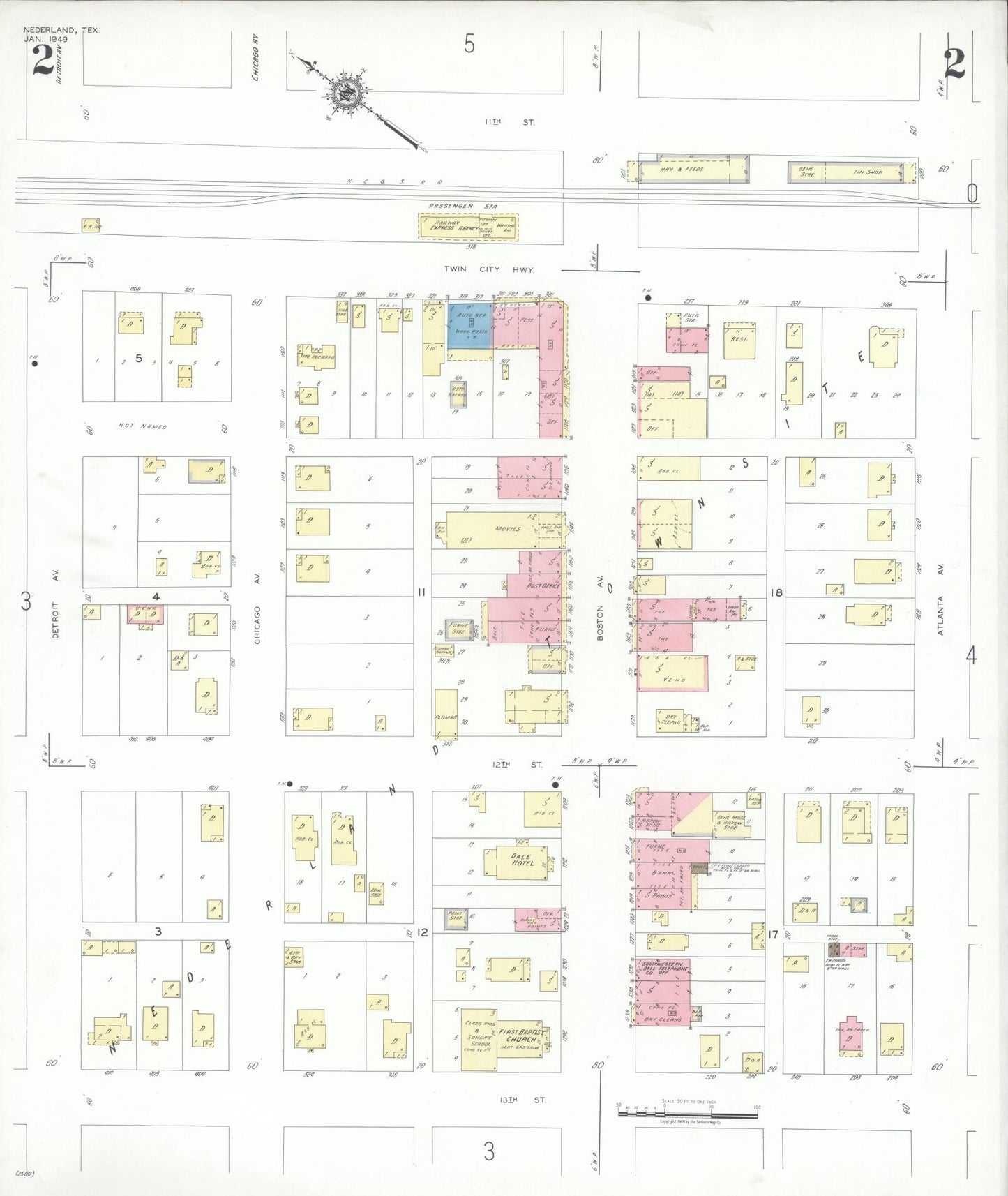 Sanborn Fire Insurance Map from Nederland, Jefferson County, Texas (1949), Sheet #0002 - Historic Sanborn Fire Insurance Map Print, vintage old map wall art, antique decor, genealogy gift, Texas Texas map