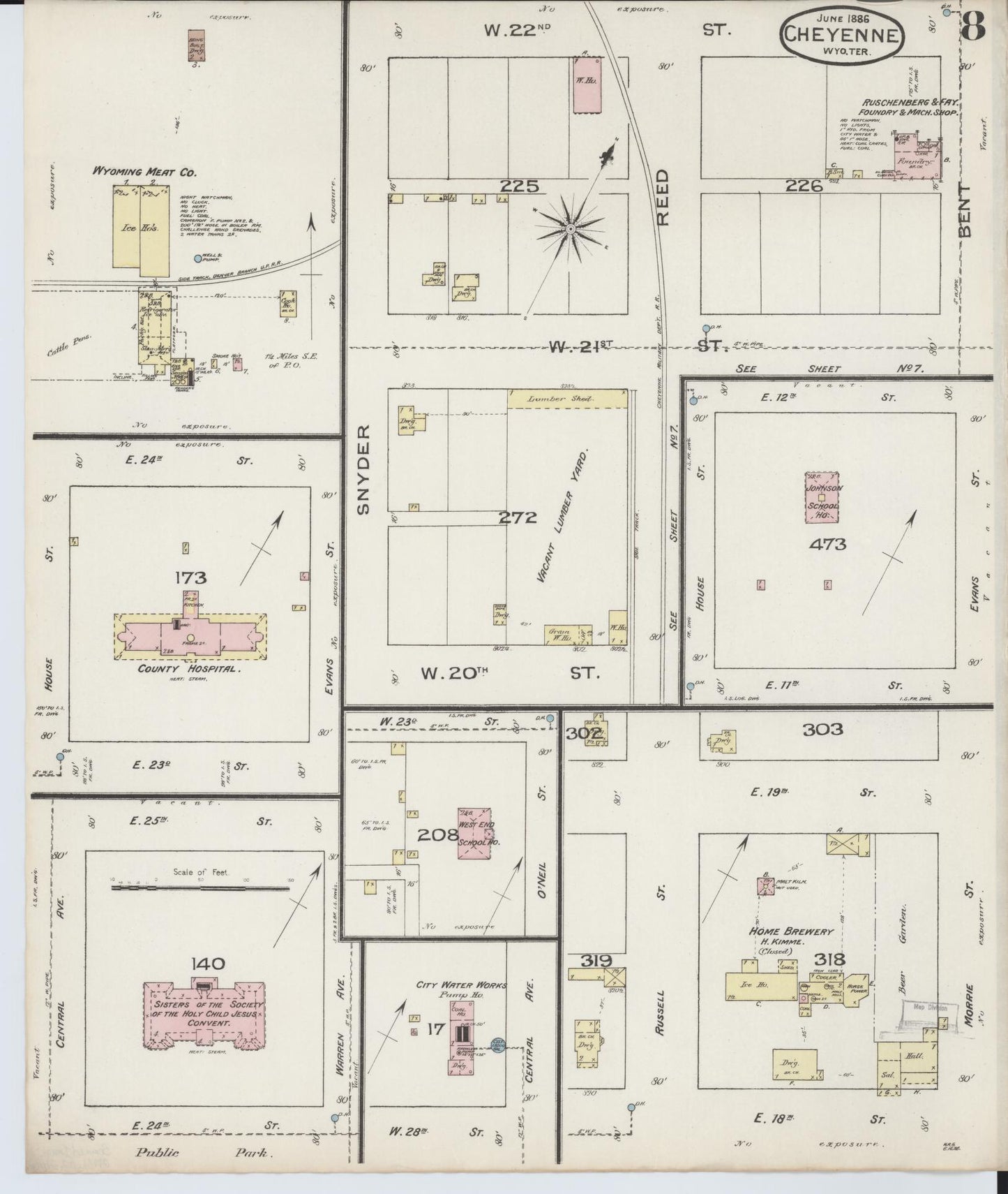Sanborn Fire Insurance Map from Cheyenne, Laramie County, Wyoming (1886), Sheet #0008 - Complete Map Set gallery image, historic Sanborn map, vintage wall art, Wyoming Wyoming