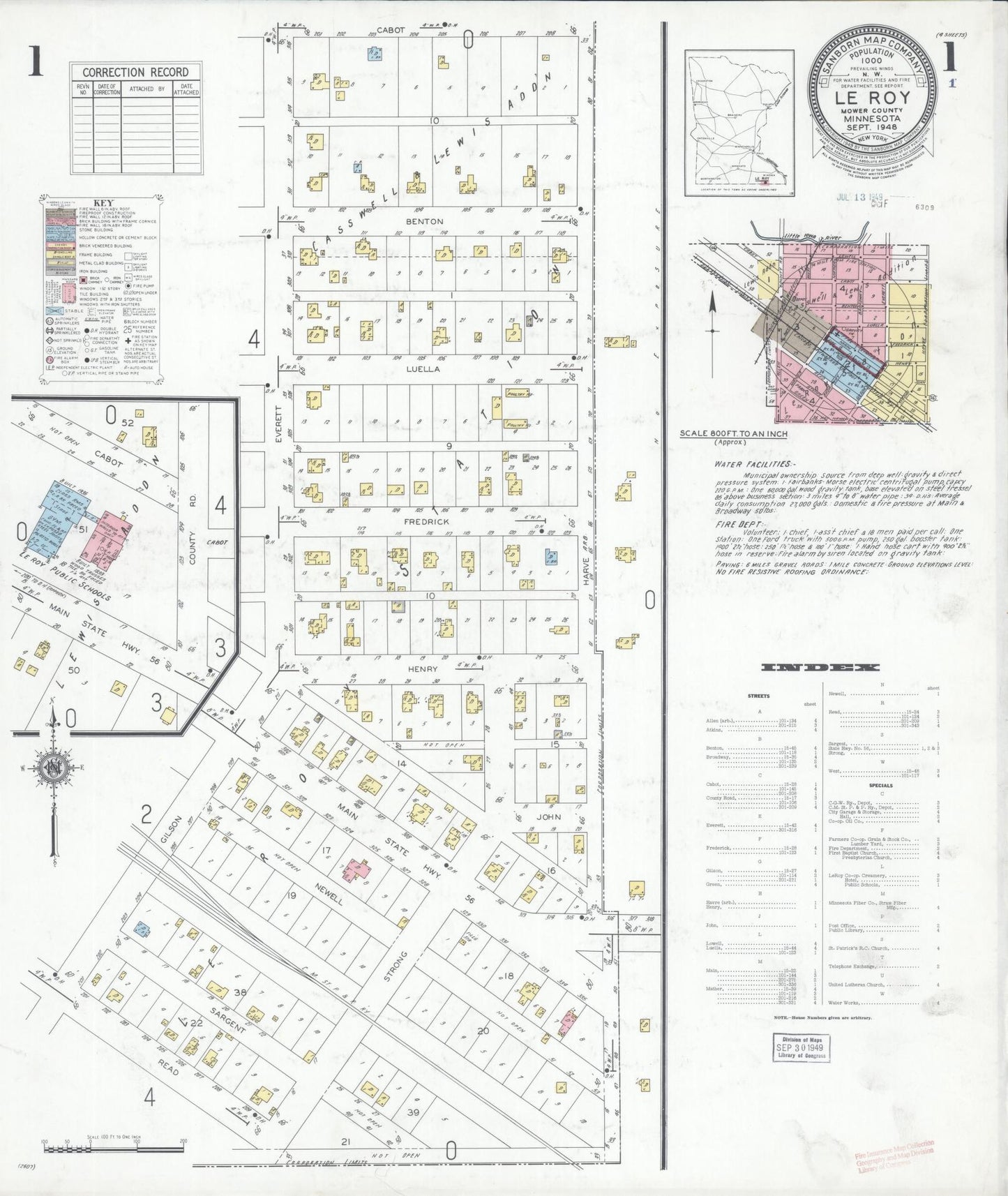 Sanborn Fire Insurance Map from Le Roy, Mower County, Minnesota (1948), Sheet #0001 - Historic Sanborn Fire Insurance Map Print, vintage old map wall art, antique decor, genealogy gift, Minnesota Minnesota map