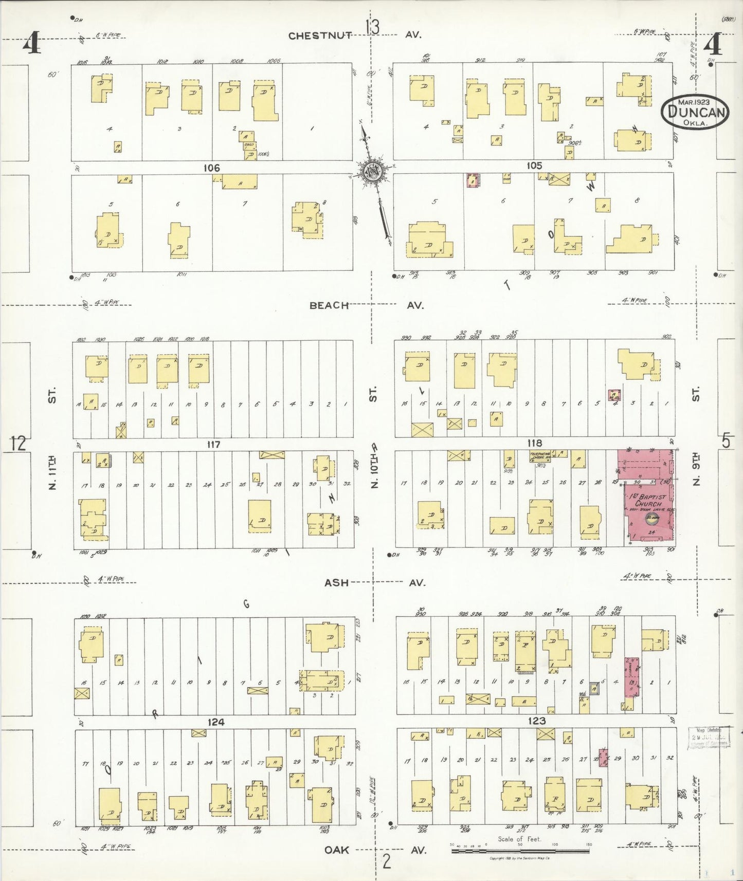 Sanborn Fire Insurance Map from Duncan, Stephens County, Oklahoma (1923), Sheet #0004 - Historic Sanborn Fire Insurance Map Print, vintage old map wall art, antique decor, genealogy gift, Oklahoma Oklahoma map