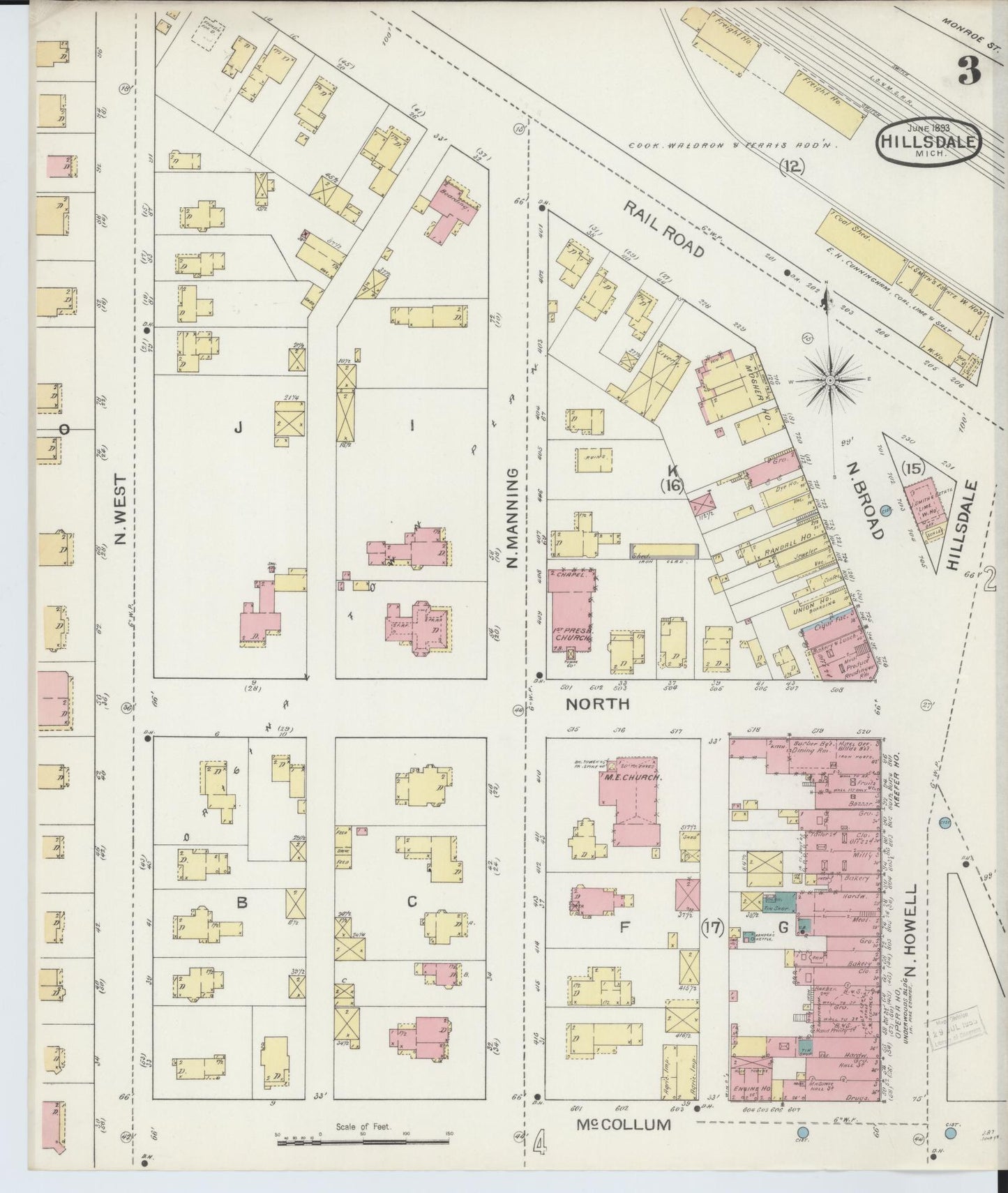 Sanborn Fire Insurance Map from Hillsdale, Hillsdale County, Michigan (1893), Sheet #0003 - Complete Map Set gallery image, historic Sanborn map, vintage wall art, Michigan Michigan