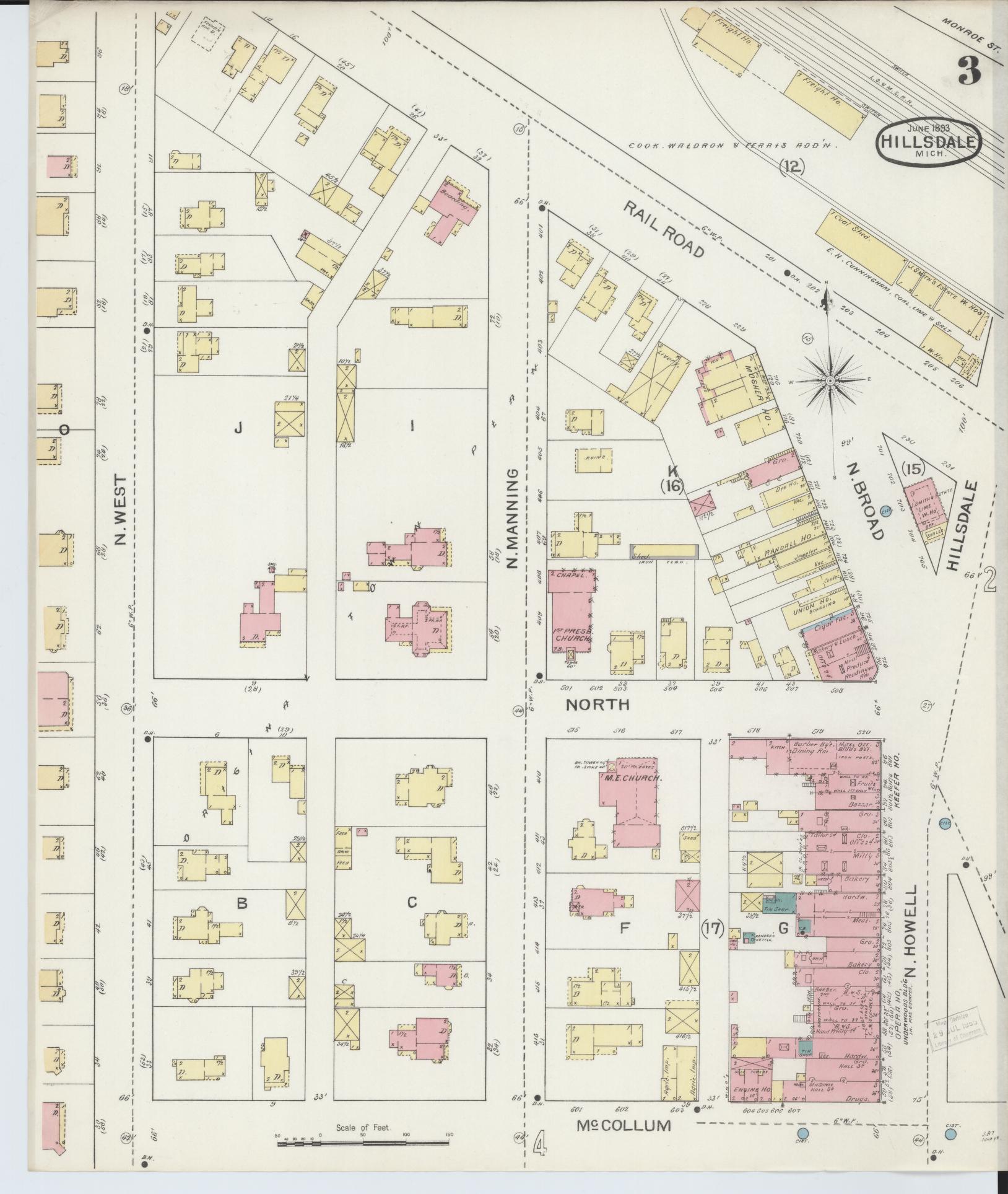 Sanborn Fire Insurance Map from Hillsdale, Hillsdale County, Michigan (1893), Sheet #0003 - Complete Map Set gallery image, historic Sanborn map, vintage wall art, Michigan Michigan