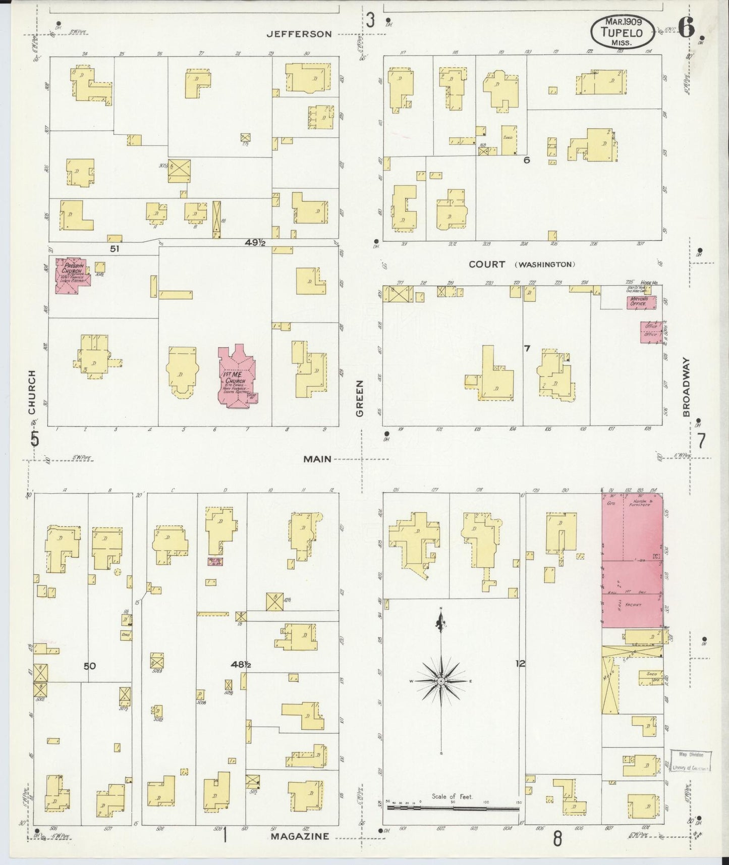 Sanborn Fire Insurance Map from Tupelo, Lee County, Mississippi (1909), Sheet #0006 - Complete Map Set gallery image, historic Sanborn map, vintage wall art, Mississippi Mississippi