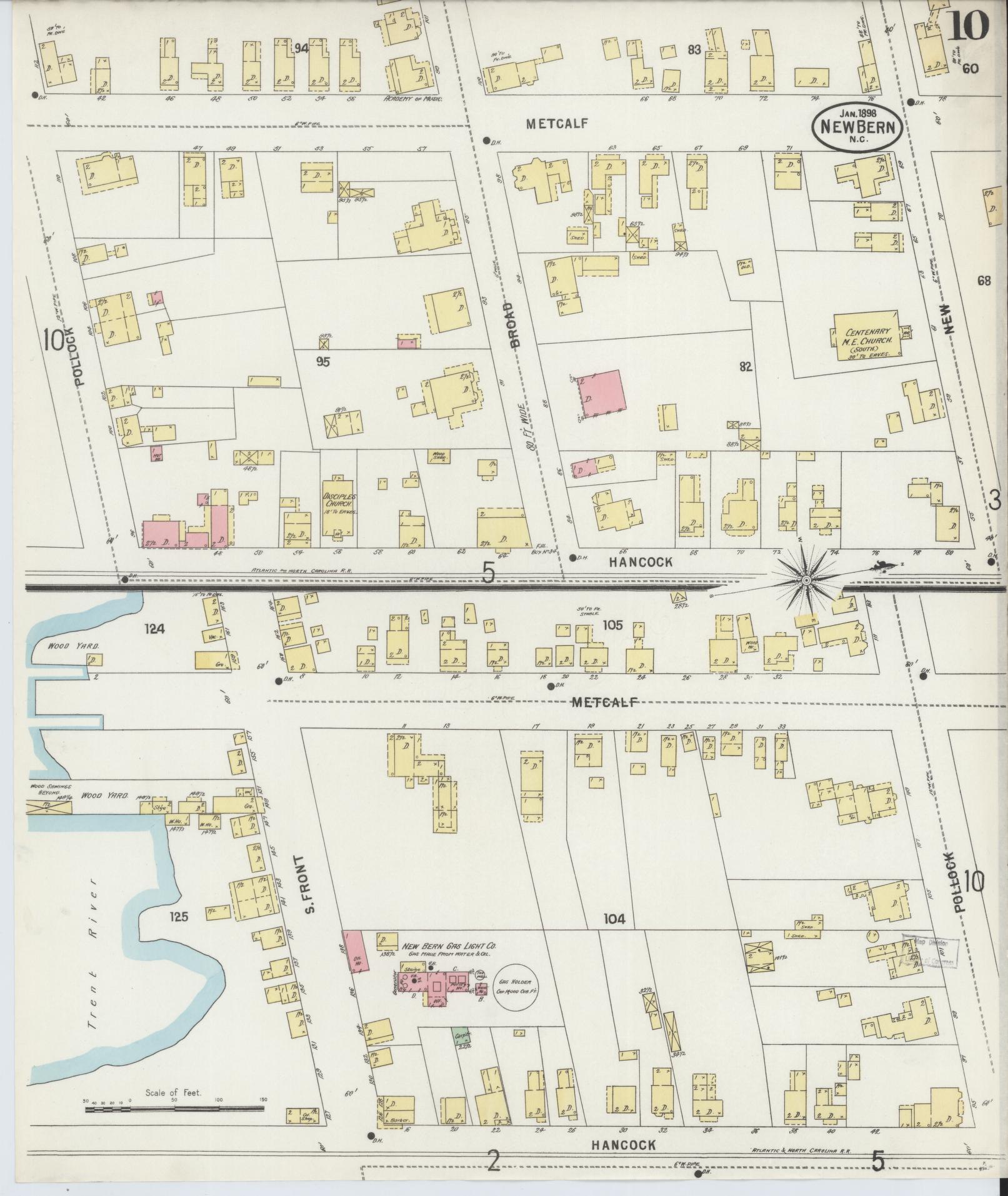Sanborn Fire Insurance Map from New Bern, Craven County, North Carolina (1898), Sheet #0010 - Historic Sanborn Fire Insurance Map Print, vintage old map wall art, antique decor, genealogy gift, North Carolina North Carolina map