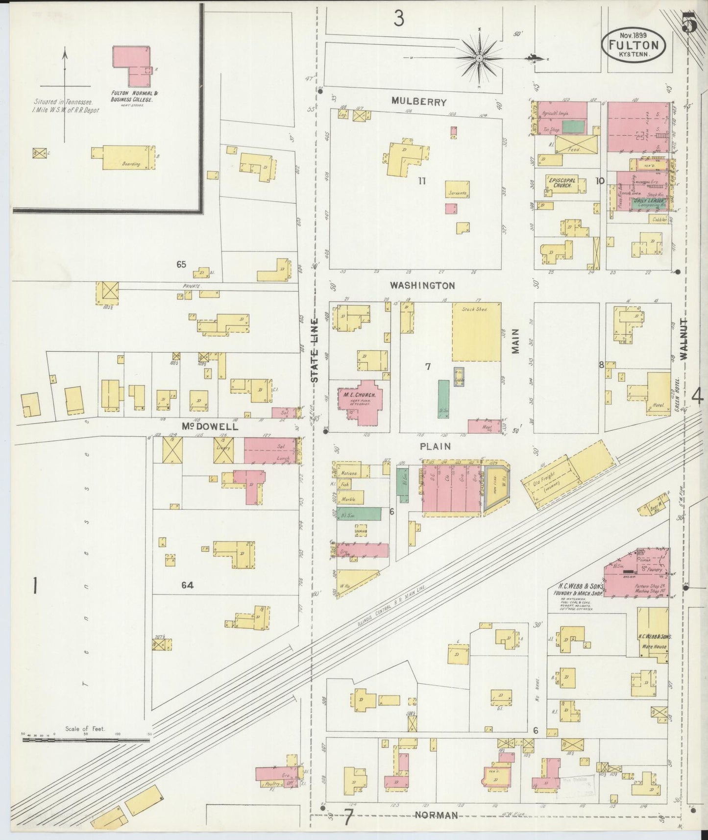 Sanborn Fire Insurance Map from Fulton, Fulton County, Kentucky (1899), Sheet #0005 - Complete Map Set gallery image, historic Sanborn map, vintage wall art, Tennessee Tennessee