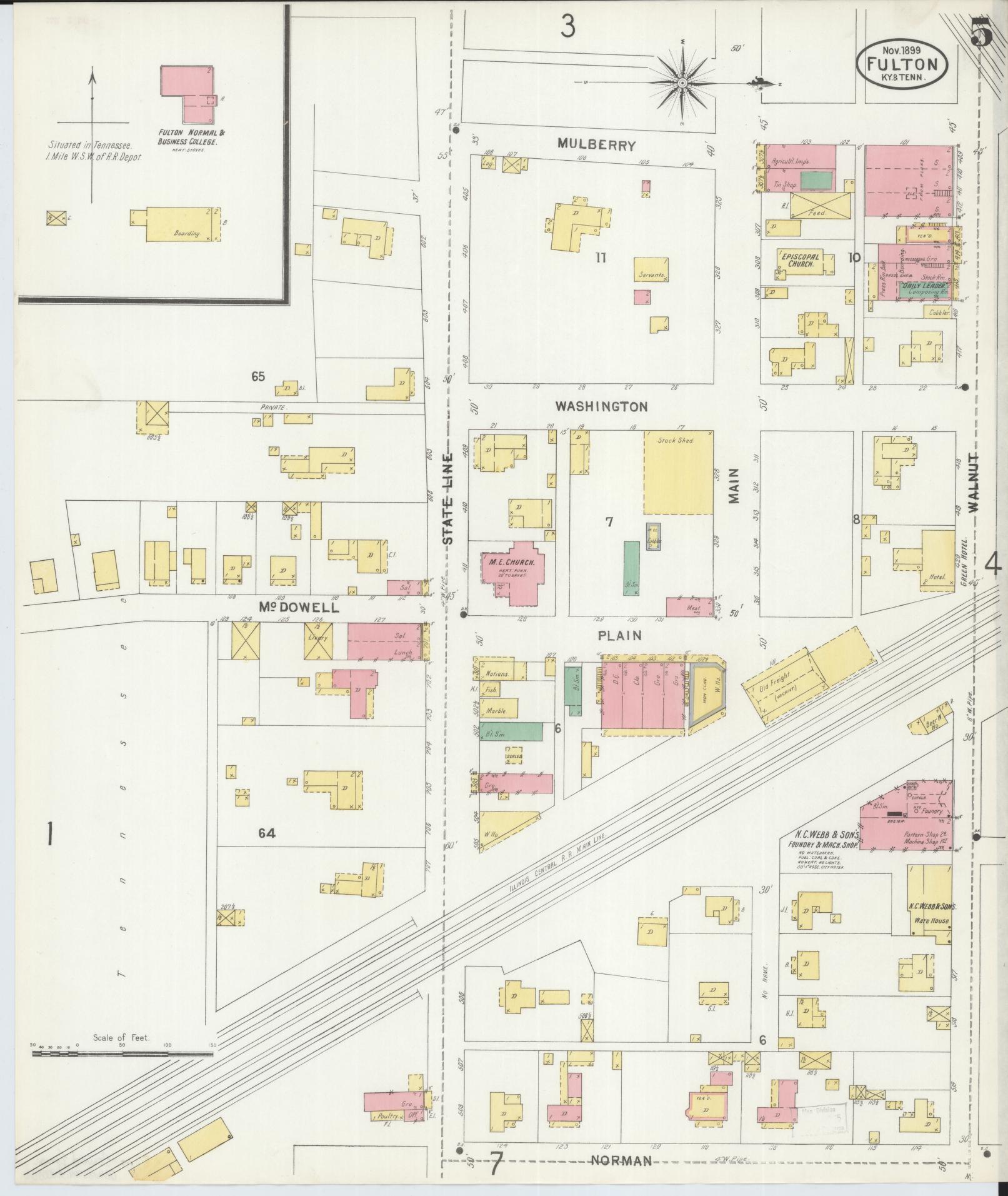 Sanborn Fire Insurance Map from Fulton, Fulton County, Kentucky (1899), Sheet #0005 - Complete Map Set gallery image, historic Sanborn map, vintage wall art, Tennessee Tennessee