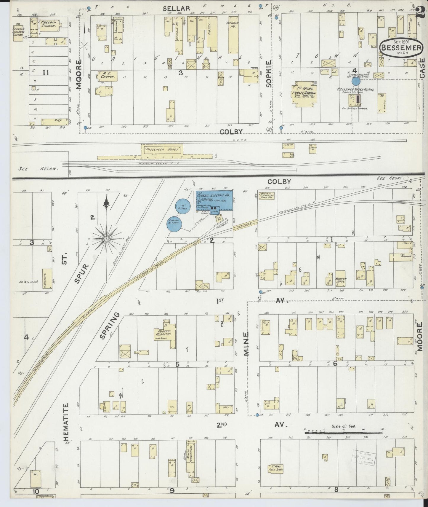 Sanborn Fire Insurance Map from Bessemer, Gogebic County, Michigan (1891), Sheet #0002 - Historic Sanborn Fire Insurance Map Print, vintage old map wall art, antique decor, genealogy gift, Michigan Michigan map