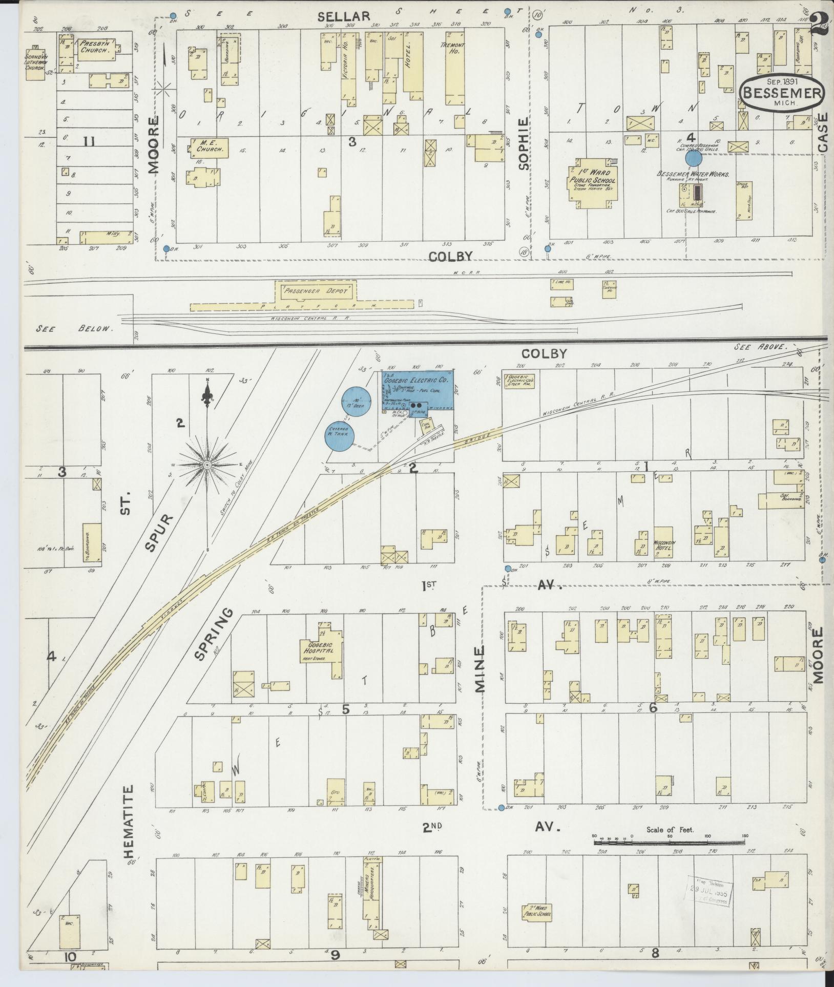 Sanborn Fire Insurance Map from Bessemer, Gogebic County, Michigan (1891), Sheet #0002 - Historic Sanborn Fire Insurance Map Print, vintage old map wall art, antique decor, genealogy gift, Michigan Michigan map