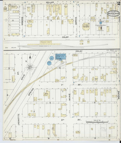 Sanborn Fire Insurance Map from Bessemer, Gogebic County, Michigan (1891), Sheet #0002 - Historic Sanborn Fire Insurance Map Print, vintage old map wall art, antique decor, genealogy gift, Michigan Michigan map