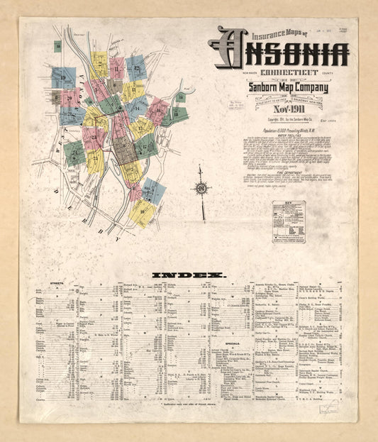 Sanborn Fire Insurance Map from Ansonia, New Haven County, Connecticut (1911), Sheet #0001 - Historic Sanborn Fire Insurance Map Print, vintage old map wall art, antique decor, genealogy gift, Connecticut Connecticut map
