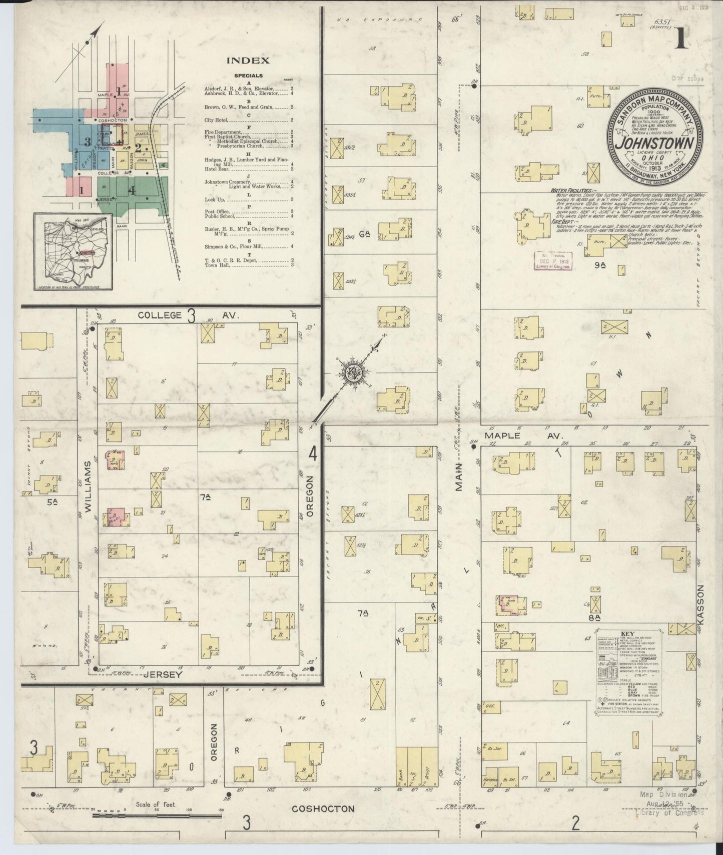 Sanborn Fire Insurance Map from Johnstown, Licking County, Ohio (1913), Sheet #0001 - Historic Sanborn Fire Insurance Map Print, vintage old map wall art, antique decor, genealogy gift, Ohio Ohio map